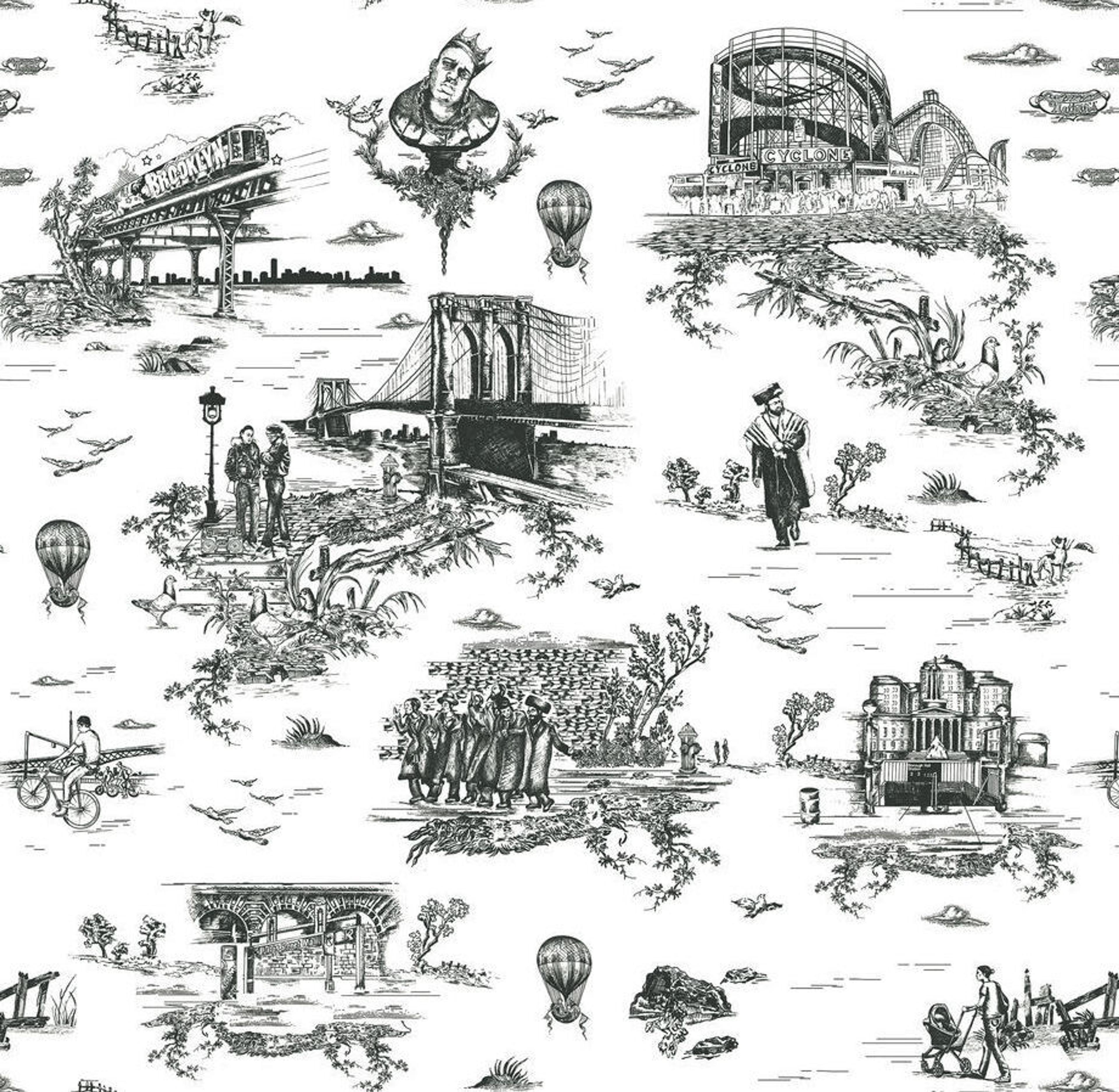 A toile-style wallpaper pattern featuring images emblematic of Brooklyn including a bust of rapper Biggie Smalls, and the Coney Island Cyclone rollercoaster