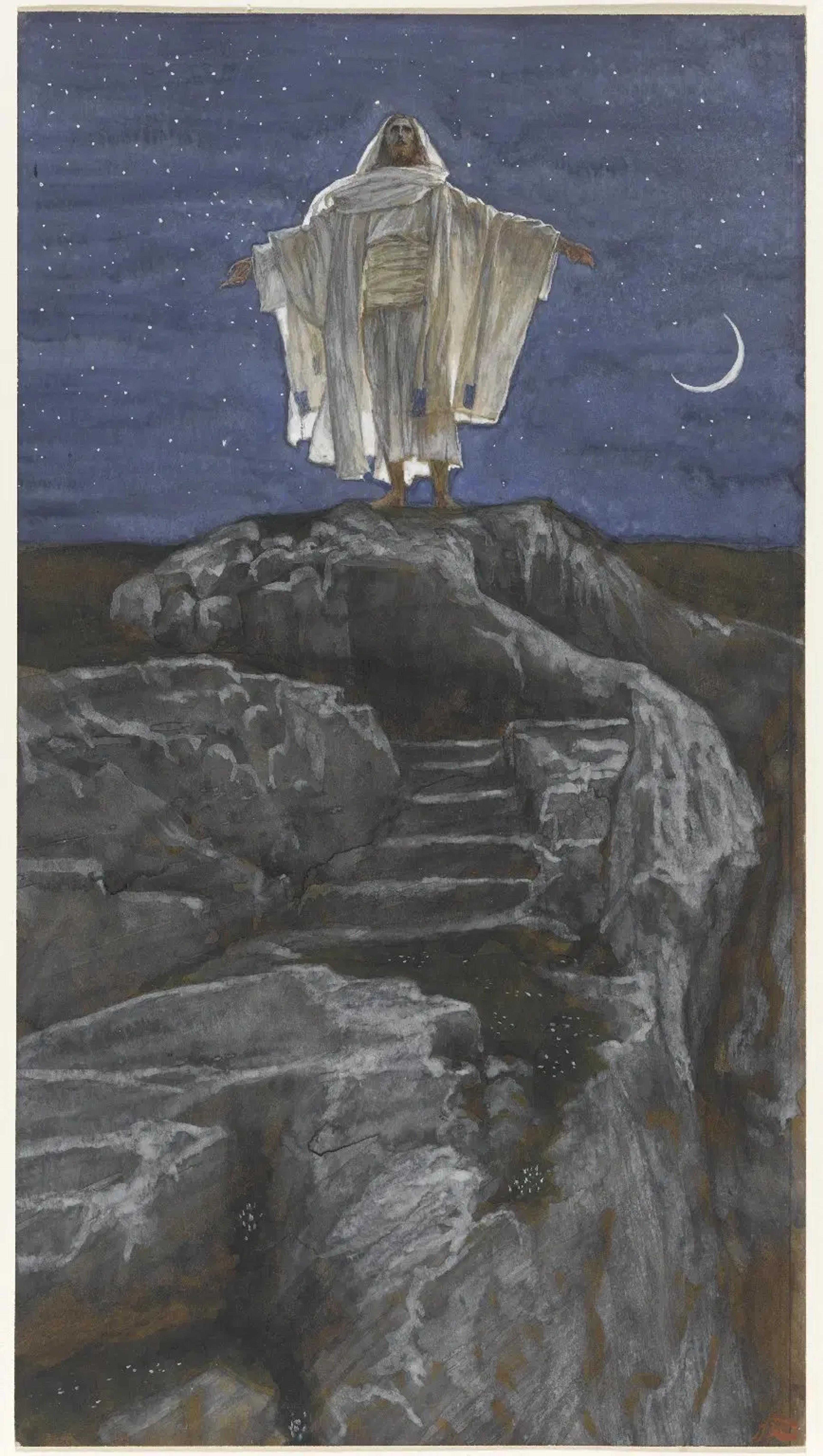 Painting of a robed figure standing on a rocky hill under a starry sky