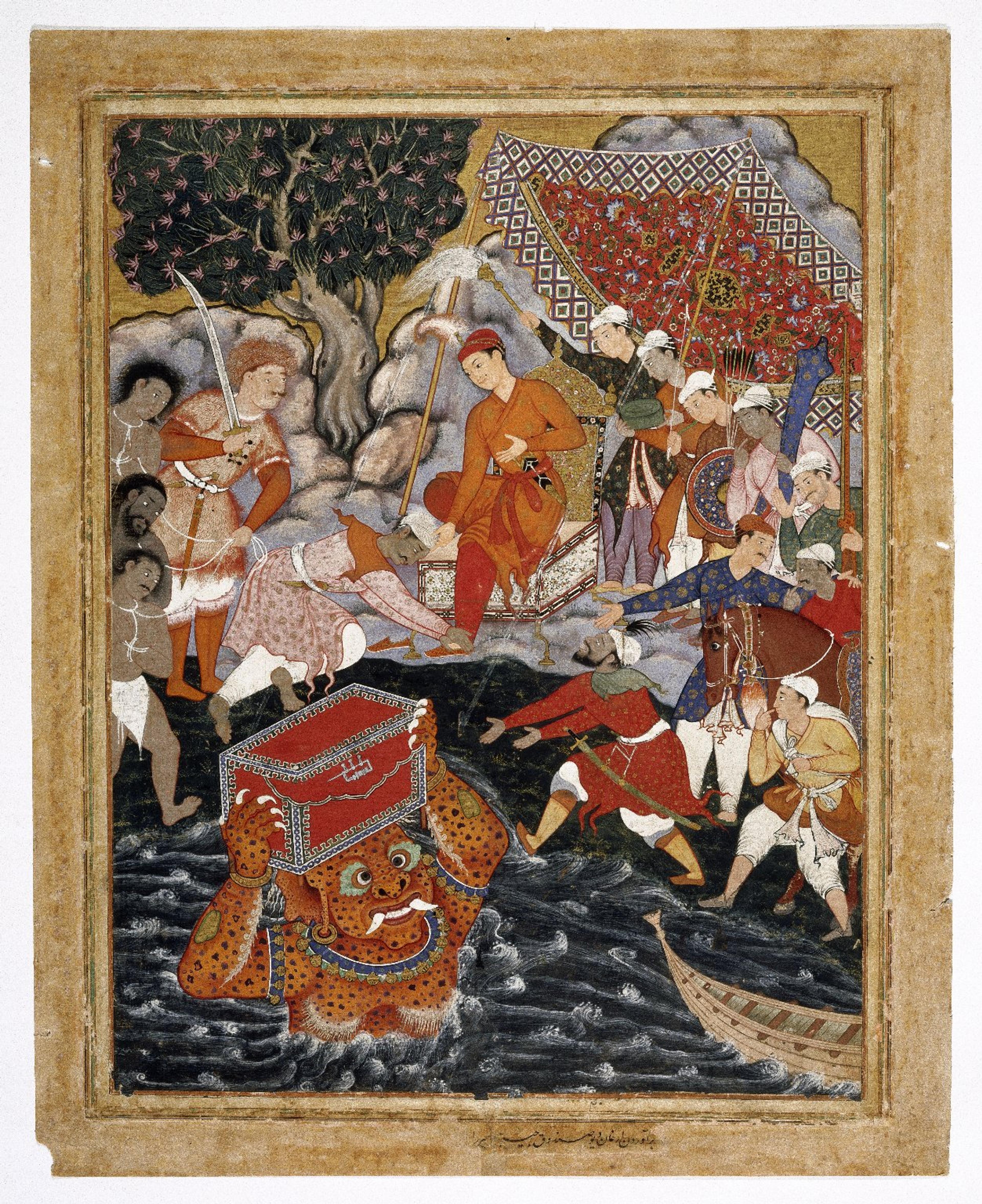 Painting featuring several people and a creature emerging from water holding a chest