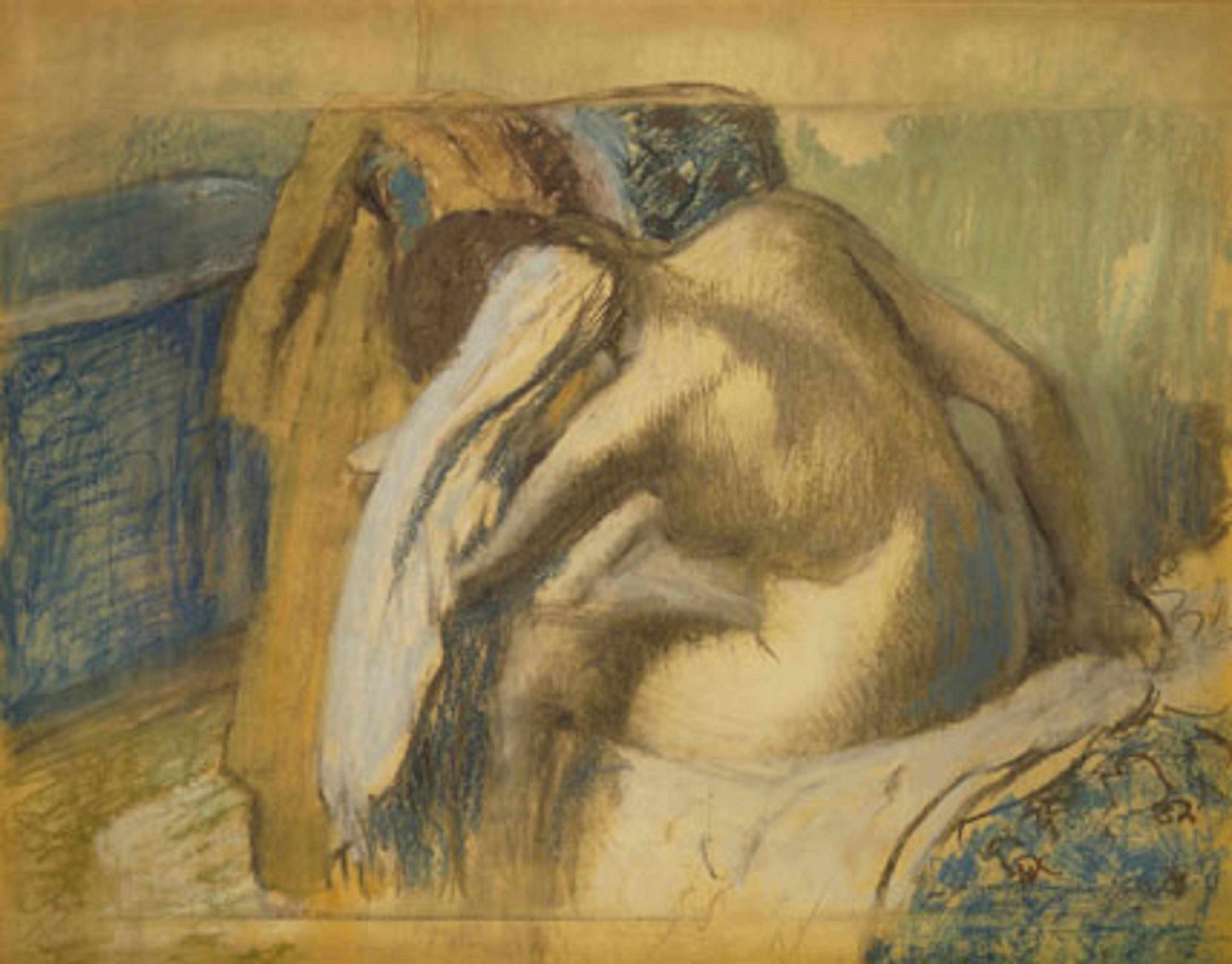 Edgar Degas (French, 1834–1917). Woman Drying Her Hair, ca. 1889. Pastel and graphite on brown wove paper mounted on board, 331⁄8 x 411⁄2 in. (84.1 × 105.4 cm). Brooklyn Museum, Museum Collection Fund, 21.113