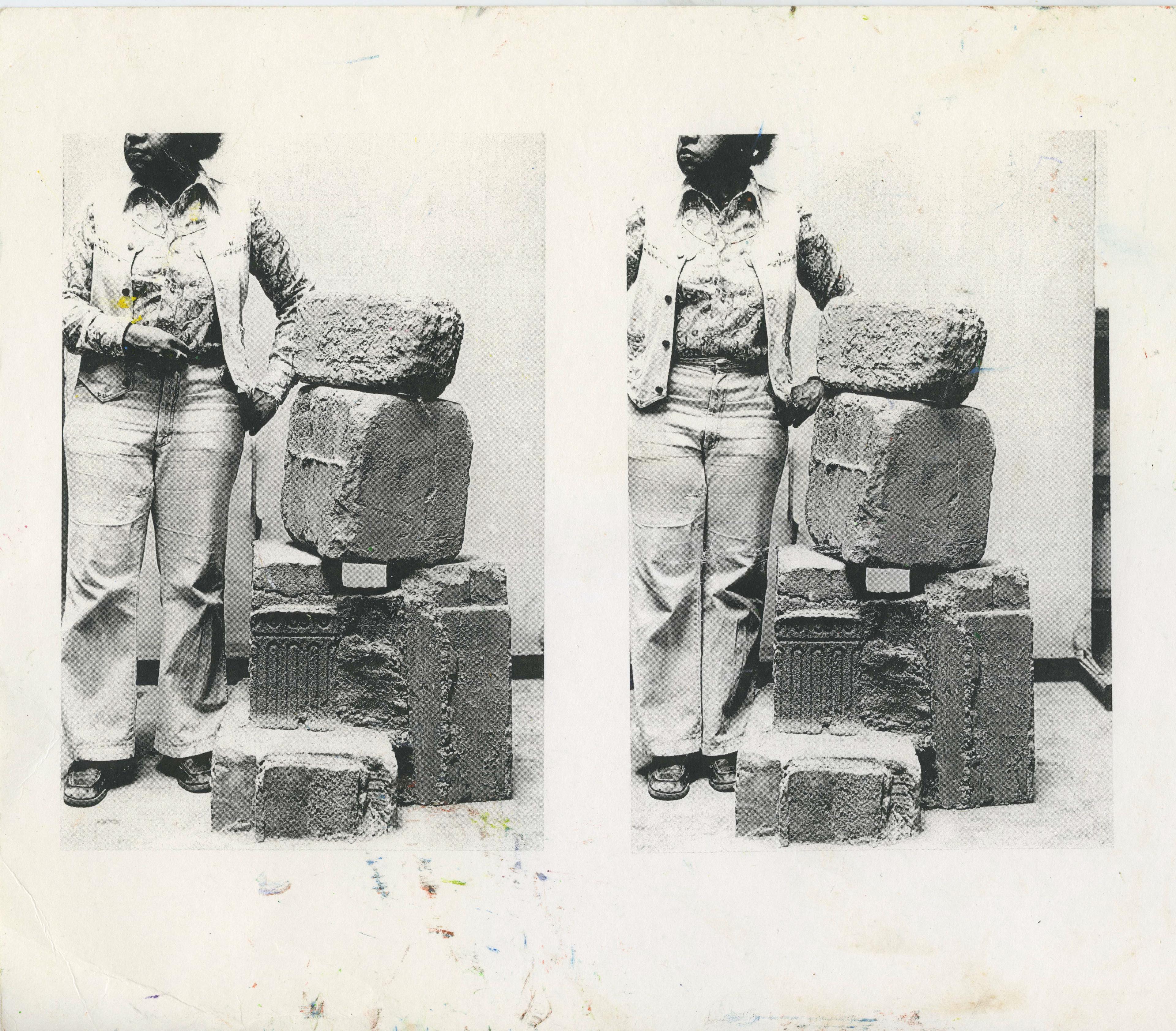 Beverly Buchanan (American, 1940–2015). Untitled (Double Portrait of Artist with Frustula Sculpture) (detail), n.d. Black-and-white photograph with original paint marks, 8½ x 11 in. (21.6 x 27.9 cm). Private collection. © Estate of Beverly Buchanan