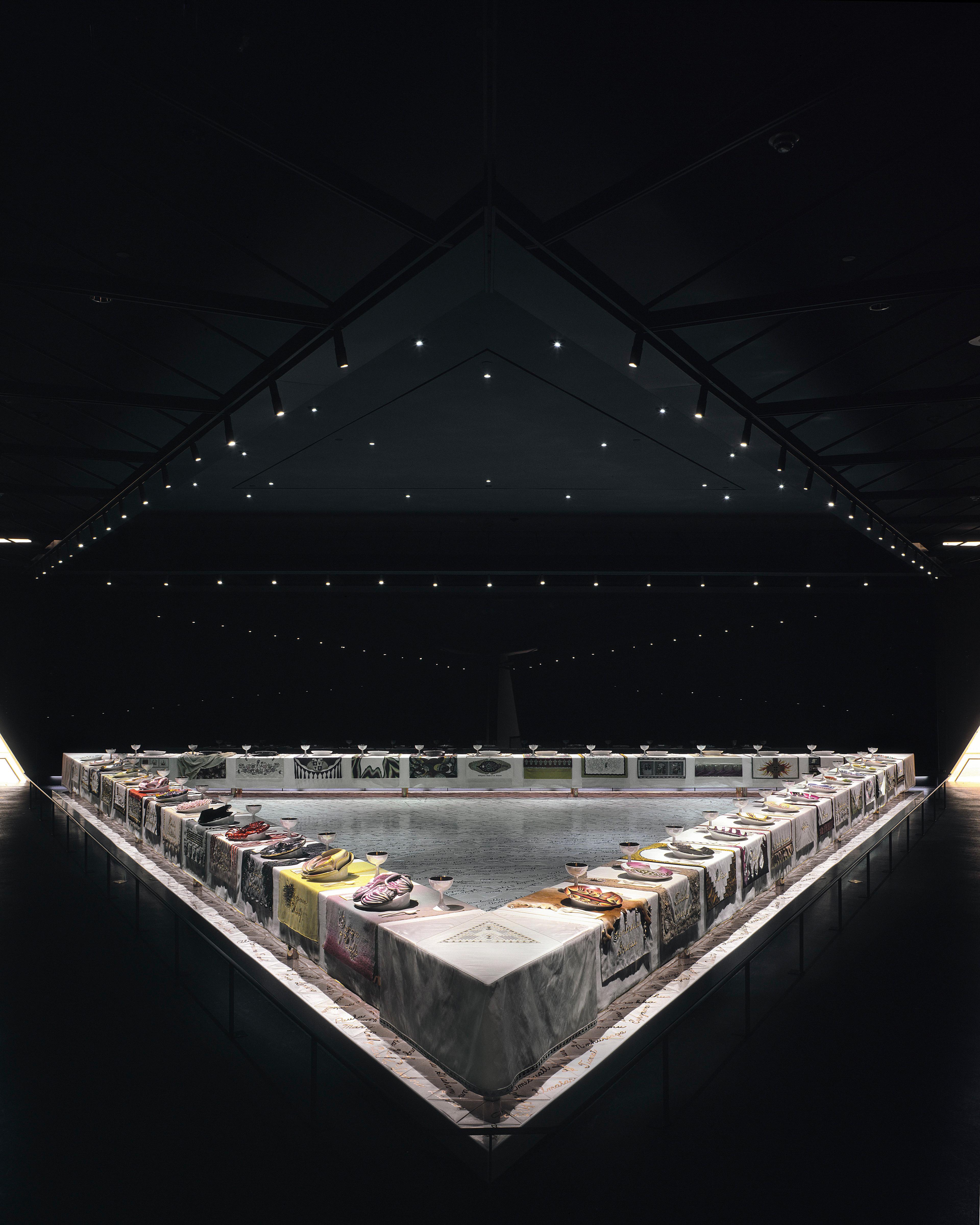 Judy Chicago (American, born 1939). The Dinner Party, 1974‒79. Ceramic, porcelain, textile, 576 x 576 in. (1463 x 1463 cm). Brooklyn Museum, Gift of the Elizabeth A. Sackler Foundation, 2002.10. © 2017 Judy Chicago / Artists Rights Society (ARS), New York. (Photo: © Donald Woodman)