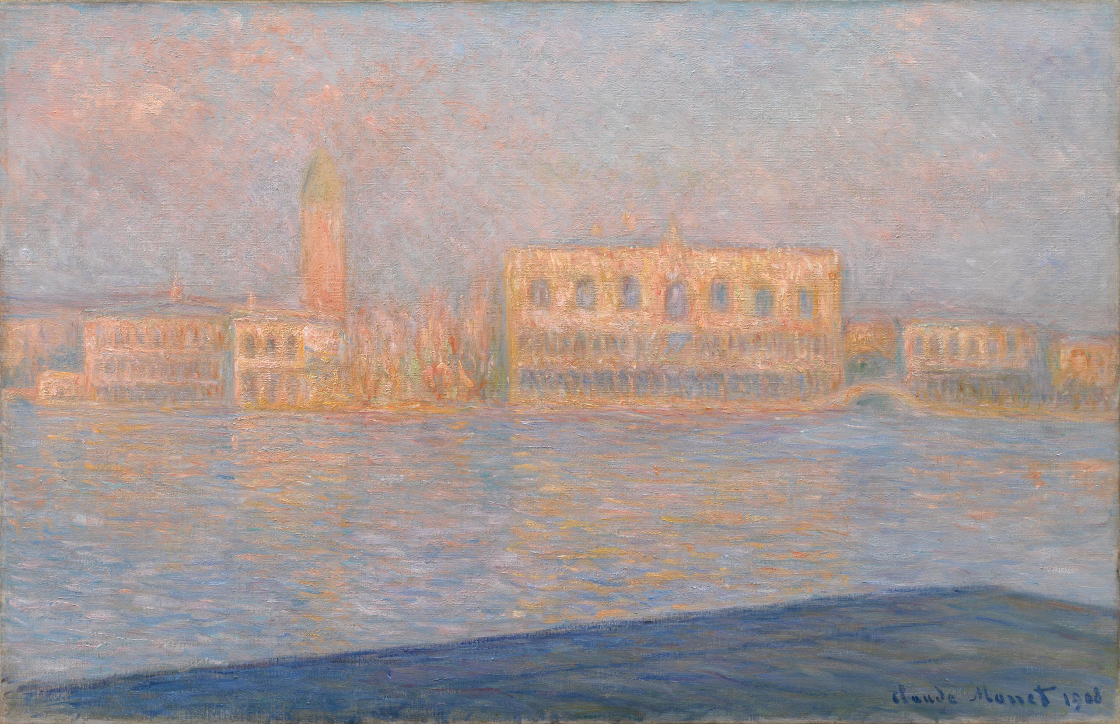 Claude Monet. <i>The Palazzo Ducale, Seen from San Giorgio Maggiore</i>, 1908. Oil on canvas. The Solomon R. Guggenheim Museum, New York, Thannhauser Collection, Bequest, Hilde Thannhauser, 1991, 91.3910. (The Solomon R. Guggenheim Foundation / Art Resource, NY)