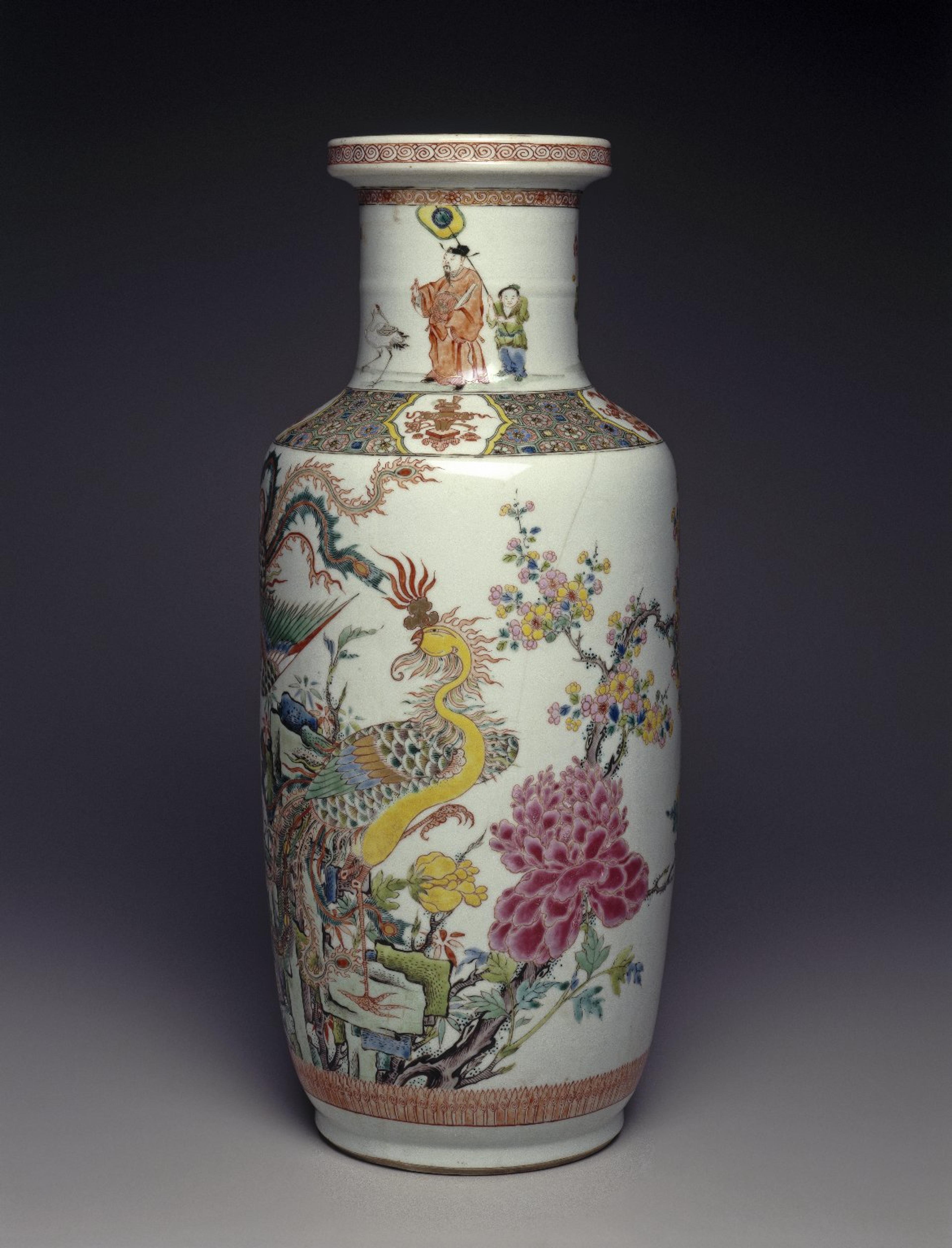 Vase. China, Qing dynasty, Kangxi period, 1662–1772. Porcelain, overglaze enamel, 18 1/4 × 7 5/8 in. (46.4 × 19.4 cm). Brooklyn Museum; Gift of the executors of the Estate of Colonel Michael Friedsam, 32.1126. Creative Commons-BY. (Photo: Brooklyn Museum, 32.1126_SL1.jpg)