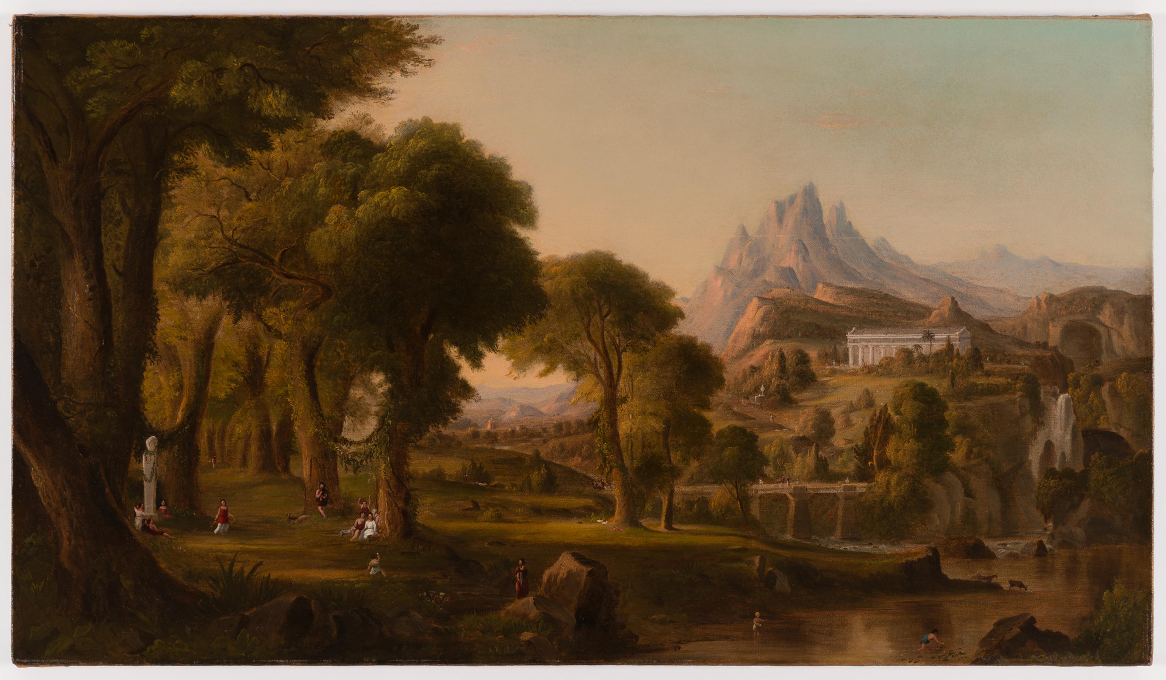 Painting of a landscape with trees and water in the foreground, and mountains in the background