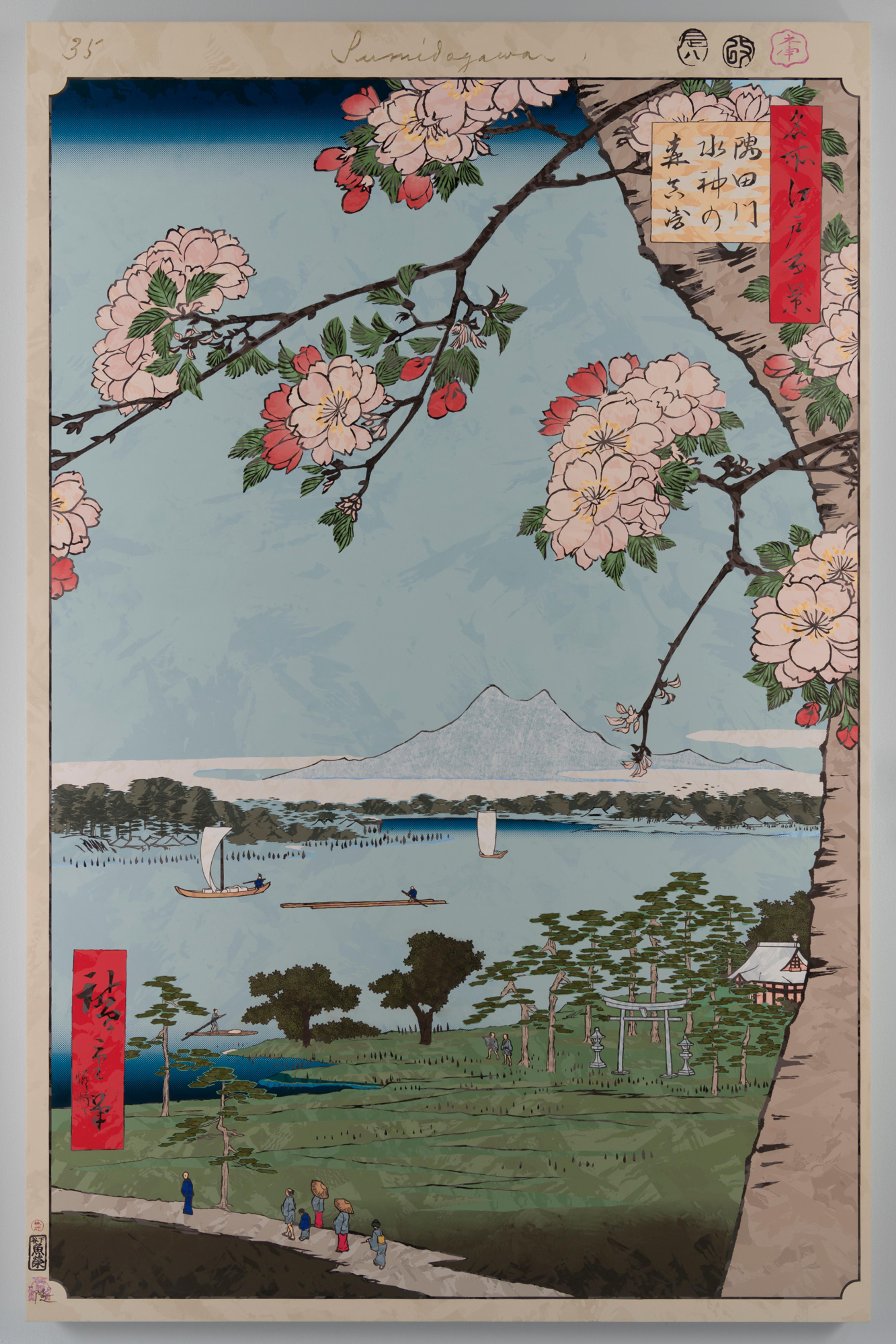 Takashi Murakami. Hiroshige’s 100 Famous Views of Edo: Japonisme Reconsidered—Suijin Shrine and Massaki on the Sumida River, 2024. Acrylic on canvas mounted on wood panel, 137 13/16 × 89 9/ 16 in. (350 × 227.5 cm). ©2024 Takashi Murakami/Kaikai Kiki Co., Ltd. All Rights Reserved. Courtesy of the artist and Gagosian. (Photo: Brooklyn Museum)