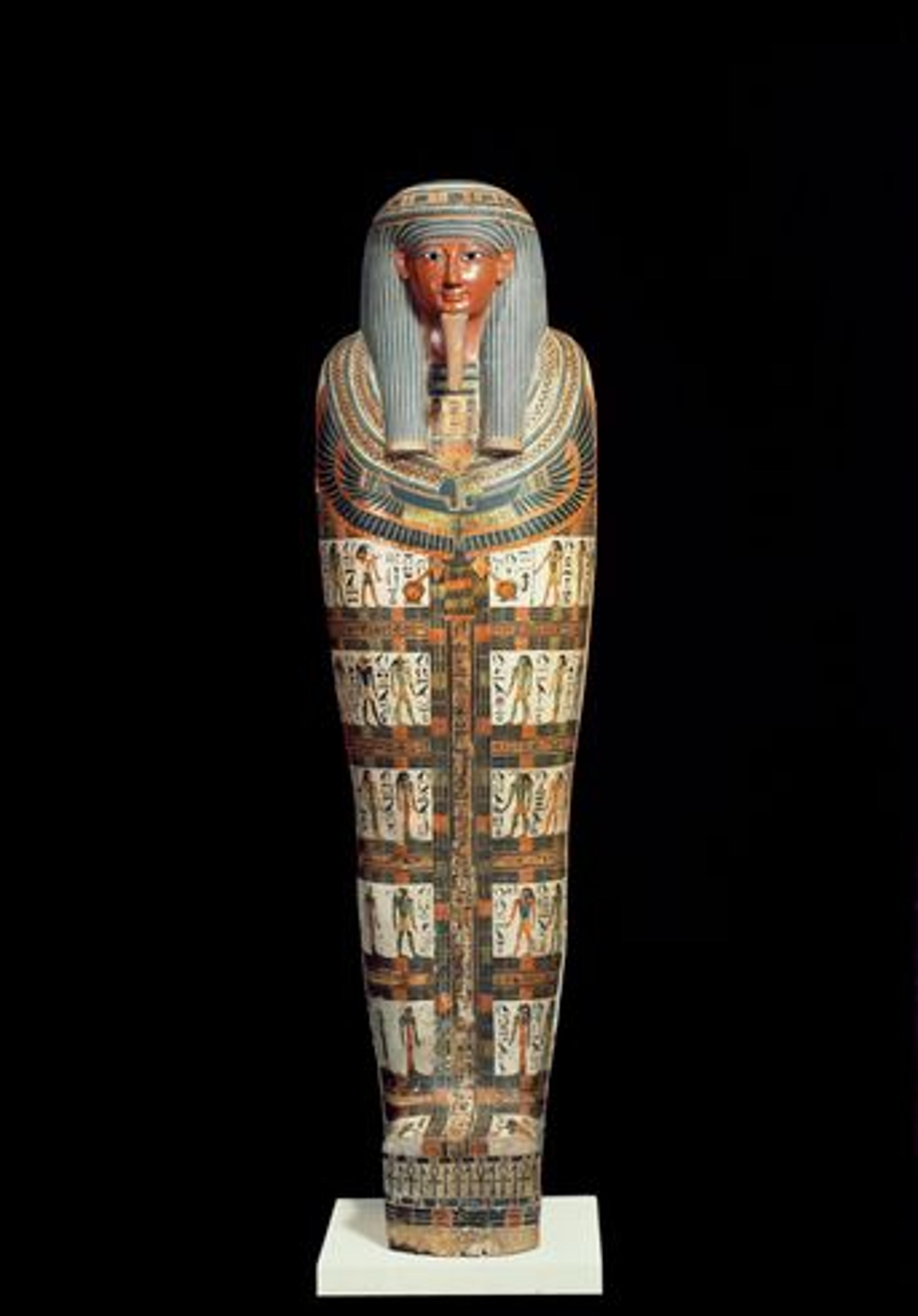 Cartonnage of Nespanetjerenpare, circa 945–718 B.C.E. Cartonnage, pigment, glass, lapis lazuli. Brooklyn Museum; Charles Edwin Wilbour Fund, 35.1265.