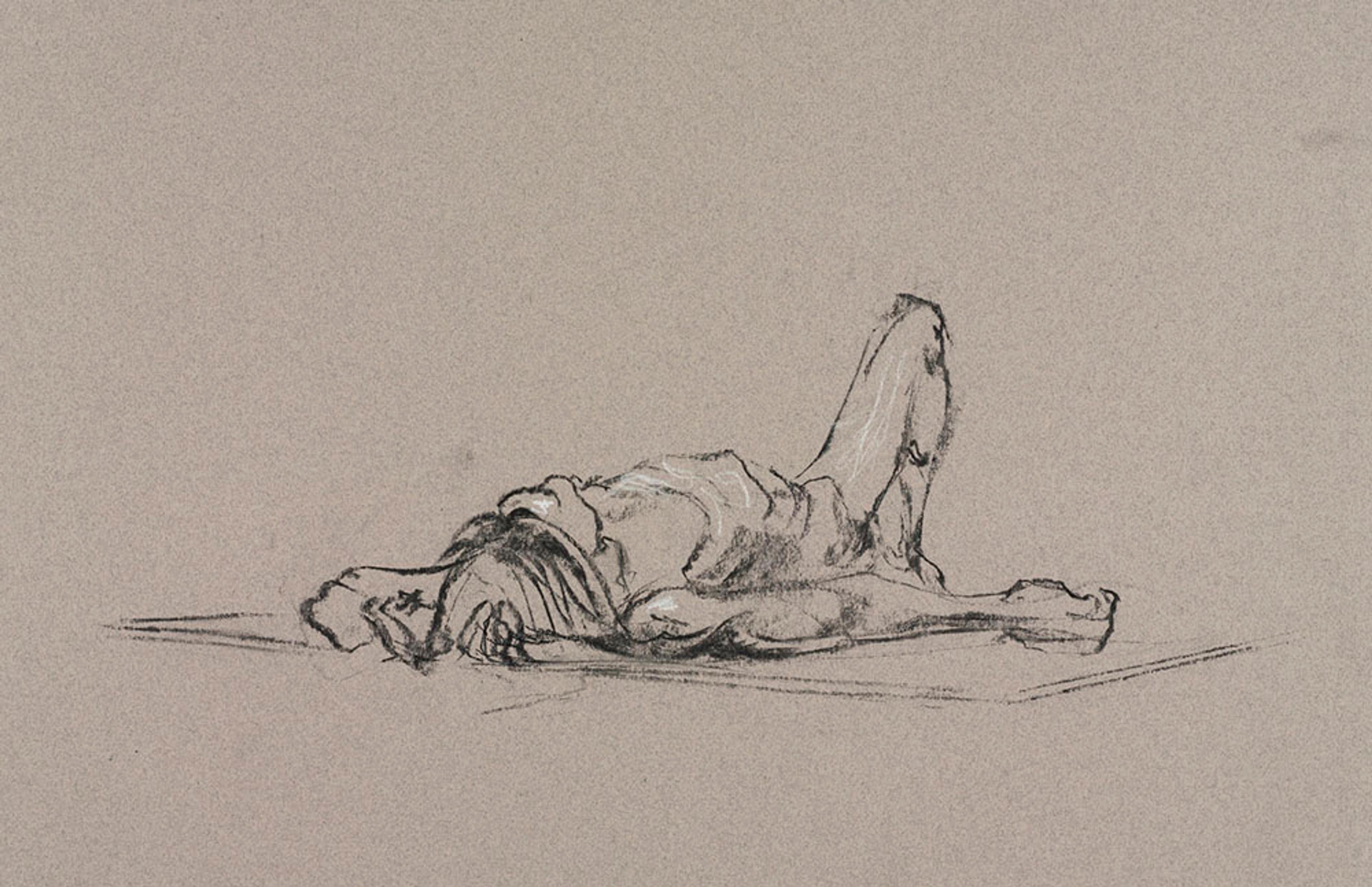 Charlotte Segall (American, born 1983). Untitled (Lying pose), from Iggy Pop Life Class by Jeremy Deller, 2016. Natural charcoal with white chalk on pink paper, 123/4 x 195/8 in. (32.4 x 49.8 cm). Brooklyn Museum Collection, TL2016.8.19b. (Photo: Sarah DeSantis, Brooklyn Museum)