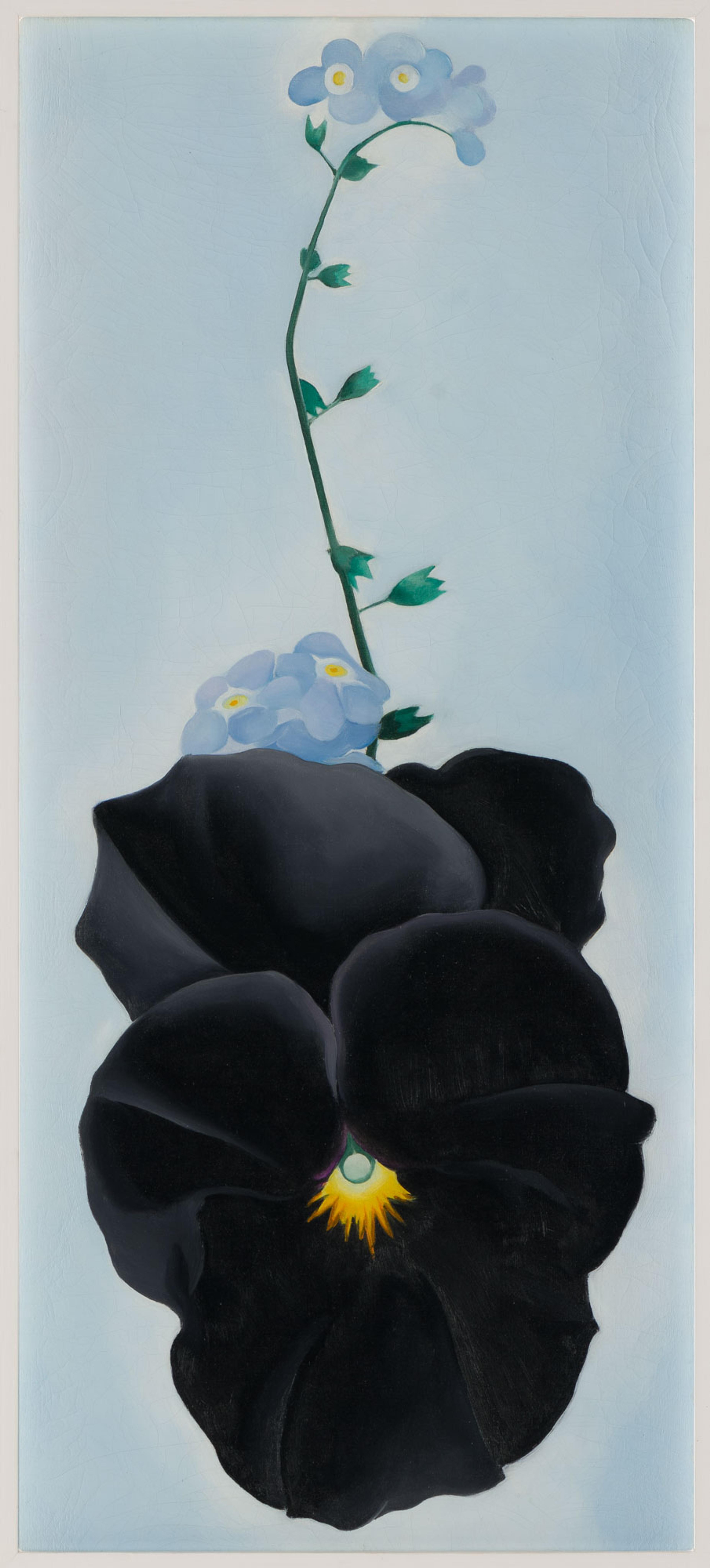 Minimal painting of black and blue flowers against a light blue backgroun