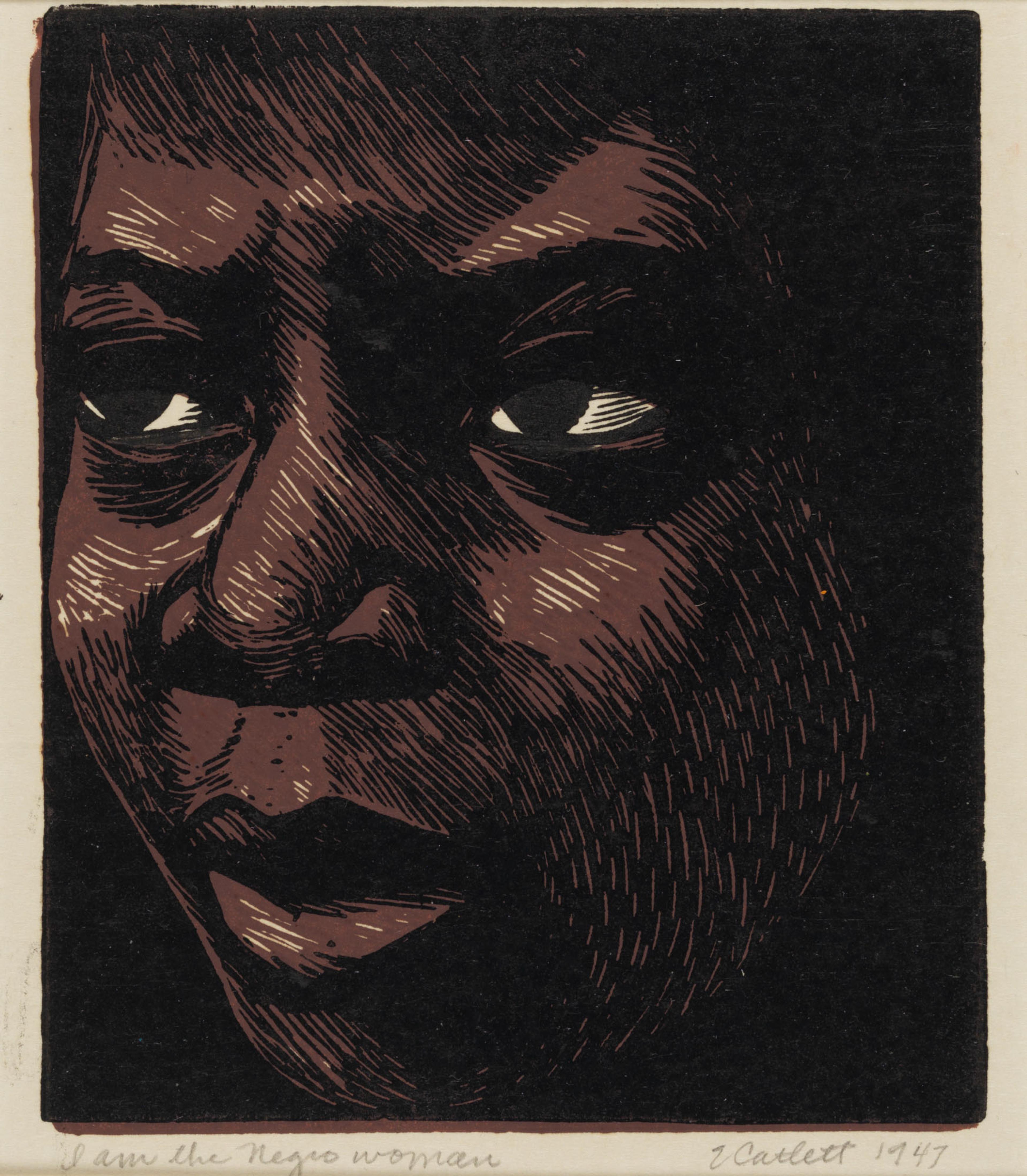 Black, brown, and white print of persons face, close up