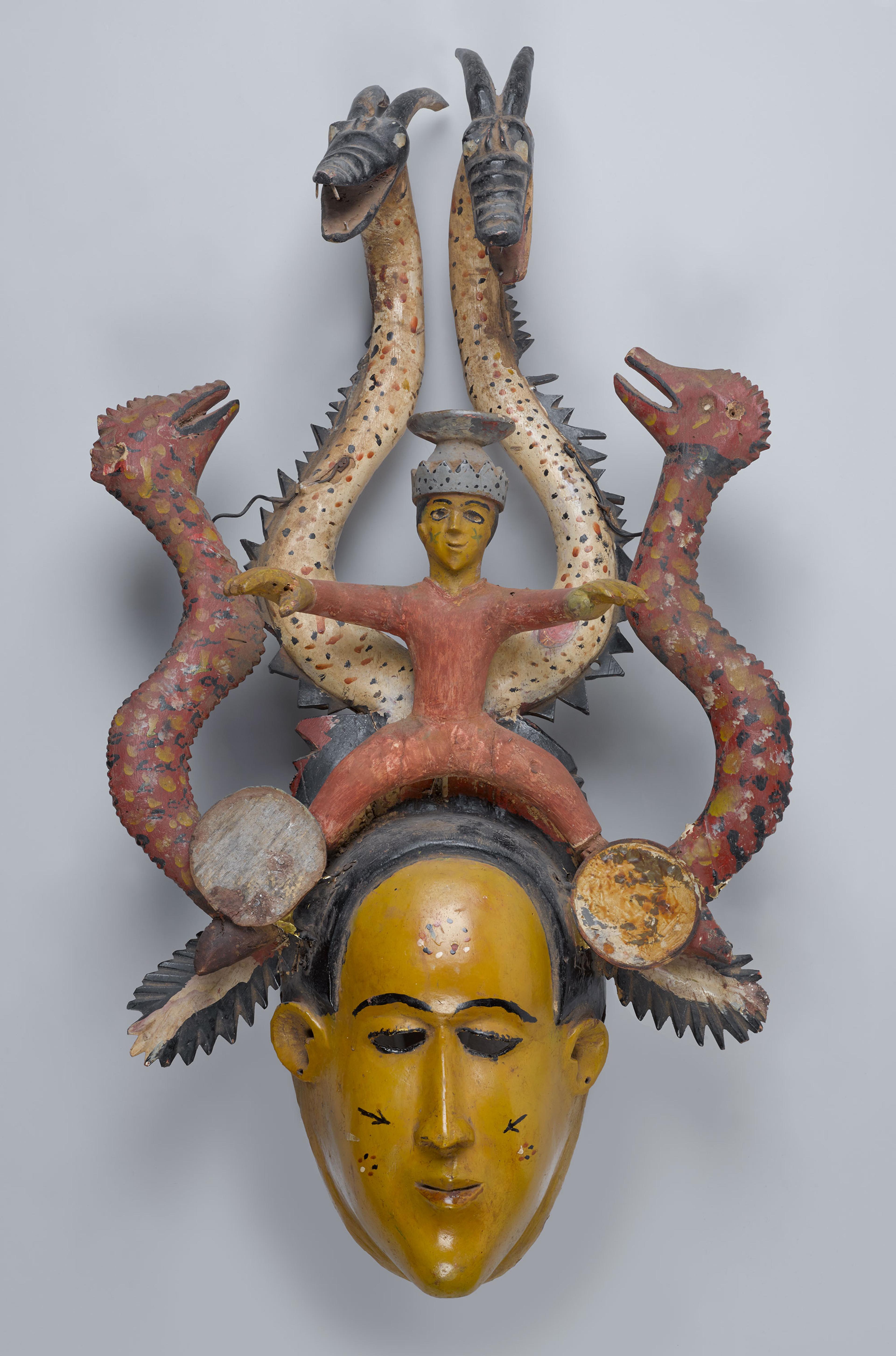 Unidentified Temne artist. Ode-Lay Mask, mid-20th century. Freetown, Sierra Leone. Wood, paint, plastic, metal, 281⁄2 x 153⁄4 x 77⁄8 in. (72.3 x 40 x 20 cm). Brooklyn Museum, Gift of Dr. and Mrs. Milton Gross, by exchange, 2013.25. Creative Commons-BY. Photo: Sarah DeSantis, Brooklyn Museum