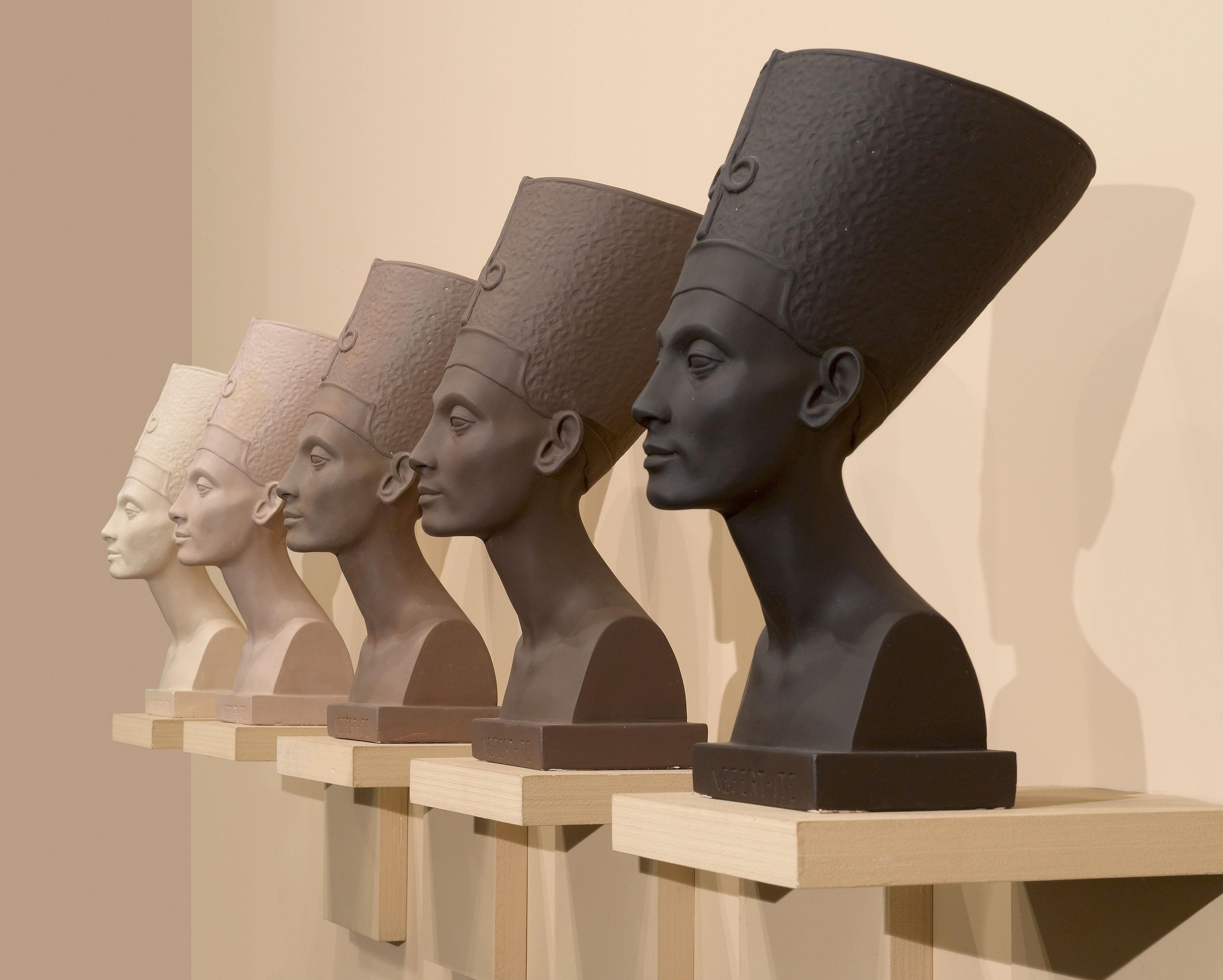 Fred Wilson (American, born 1954). Grey Area (Brown Version), 1993. Paint, plaster, and wood; five busts, each: 183⁄4 x 9 × 13 in. (47.6 × 22.9 × 33 cm); overall: 20 × 84 in. (50.8 × 213.4 cm). Brooklyn Museum, Bequest of William K. Jacobs, Jr., and bequest of Richard J. Kempe, by exchange, 2008.6a–j. (Photo: Sarah DeSantis and Jonathan Dorado, Brooklyn Museum)