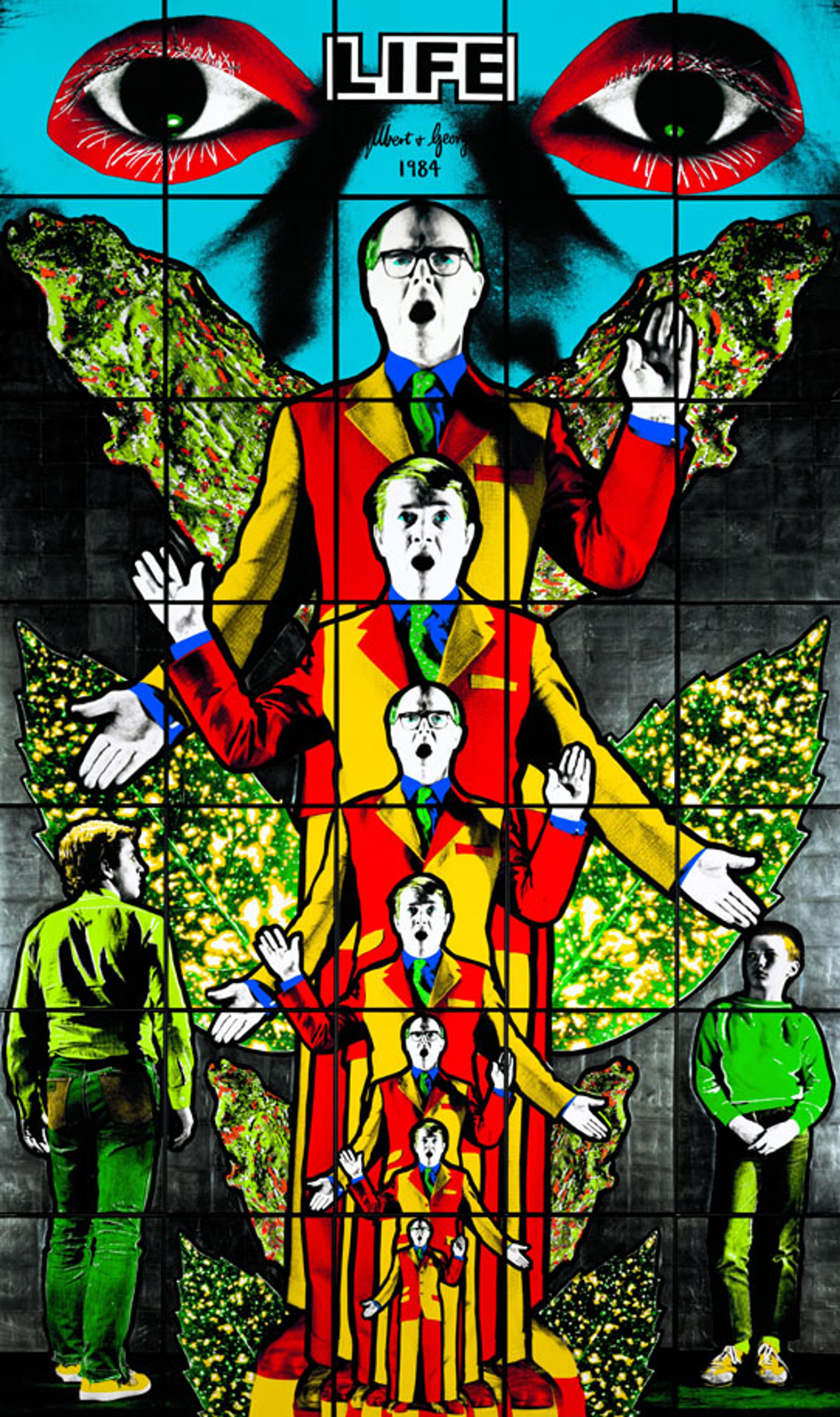 Gilbert &amp; George. Life, from Death Hope Life Fear, 1984. 951⁄4 x 1191⁄4 in. (241.9 × 302.9 cm). Tate, London, purchased 1990. © Gilbert &amp; George