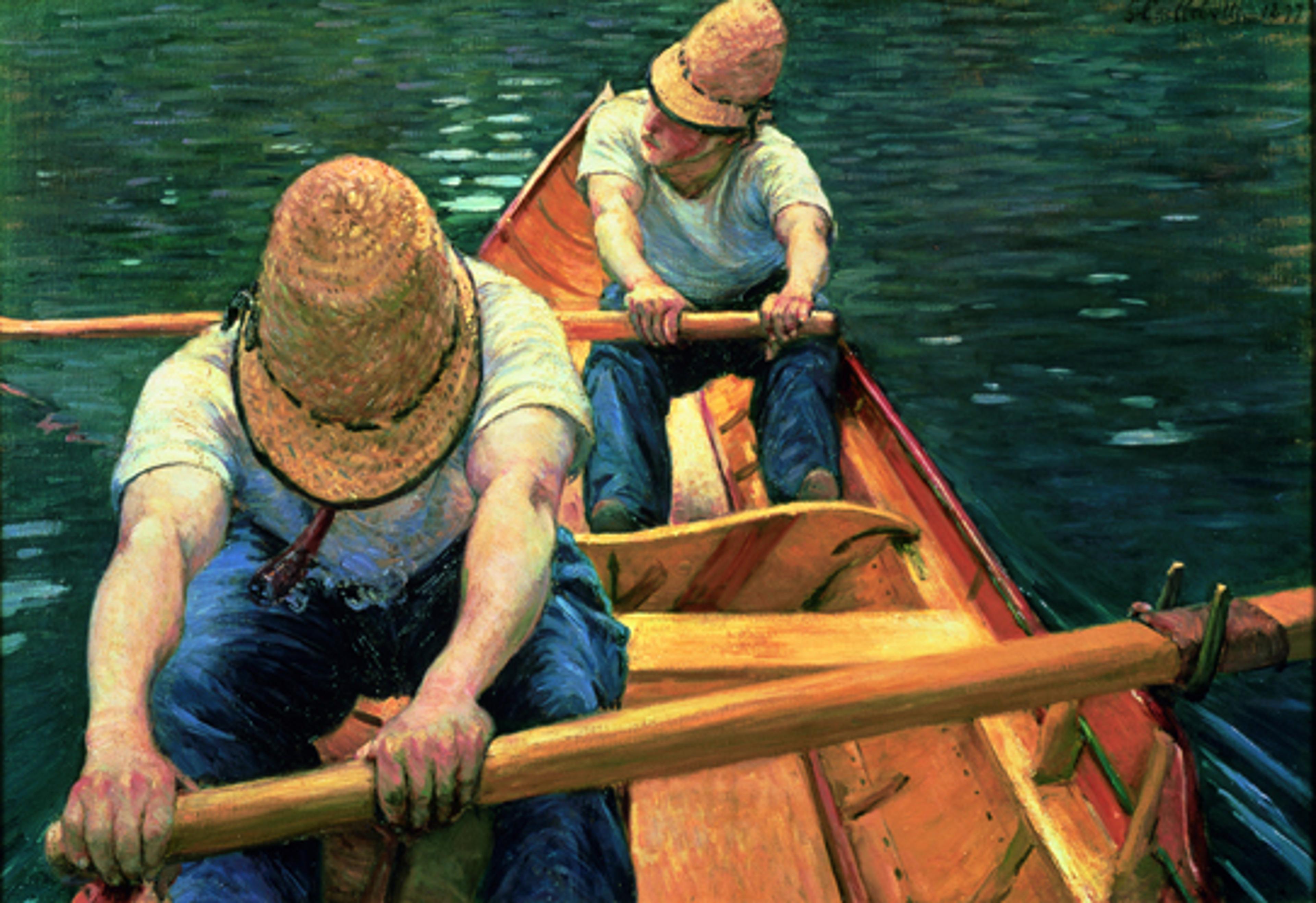 Gustave Caillebotte (French, 1848–1894). Oarsmen Rowing on the Yerres, 1877. Oil on canvas, 317⁄8 x 4511⁄16 in. (81 × 116 cm). Private collection