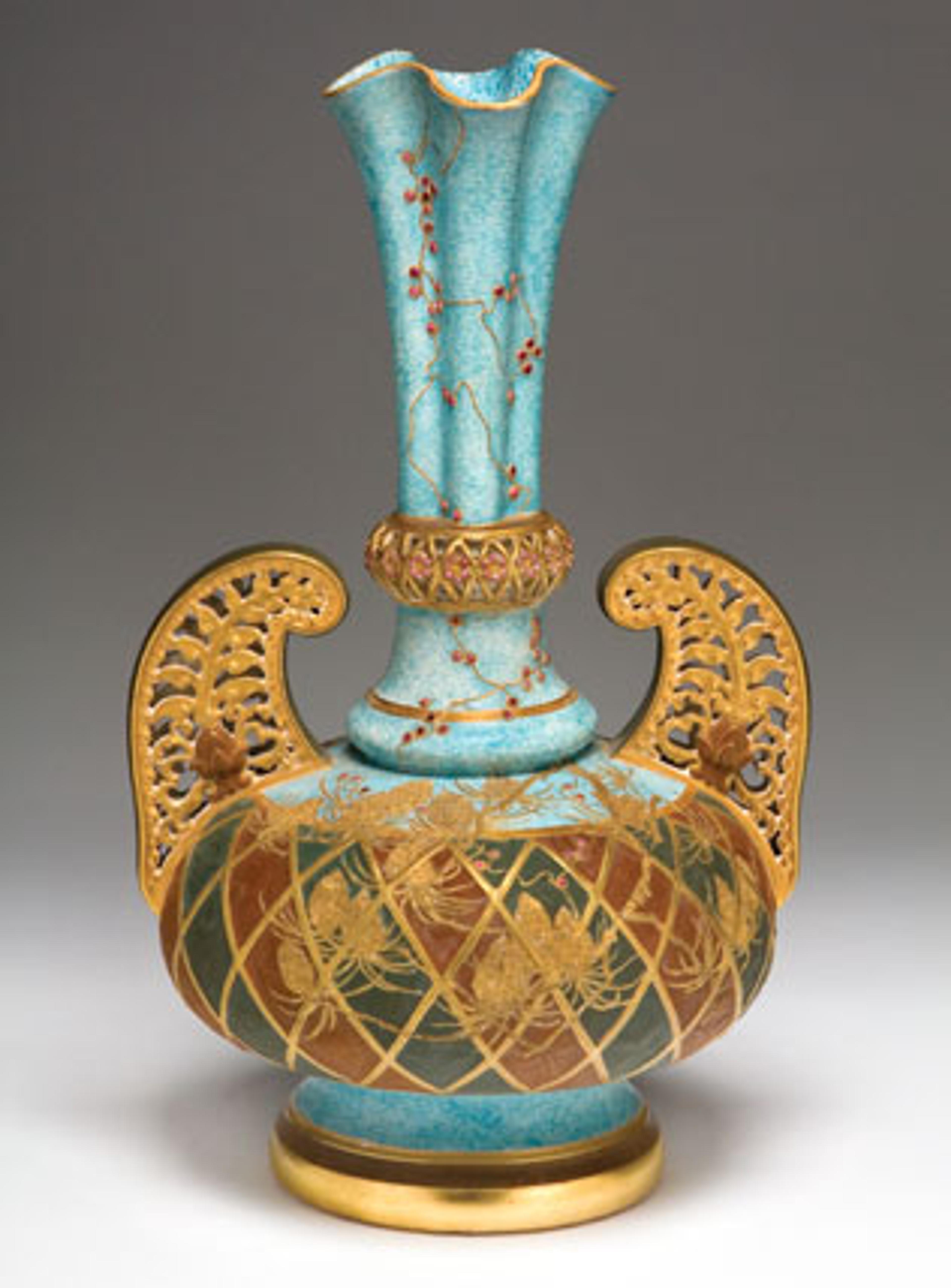 Edward Lycett (American, b. England, 1833–1910). Faience Manufacturing Company (1881–92). Vase, 1886–90. Cream-colored earthenware with mottled blue, black, and maroon glazed ground with flat and raised gold paste decoration and enamel jewels. Collection of Andrew Van Styn