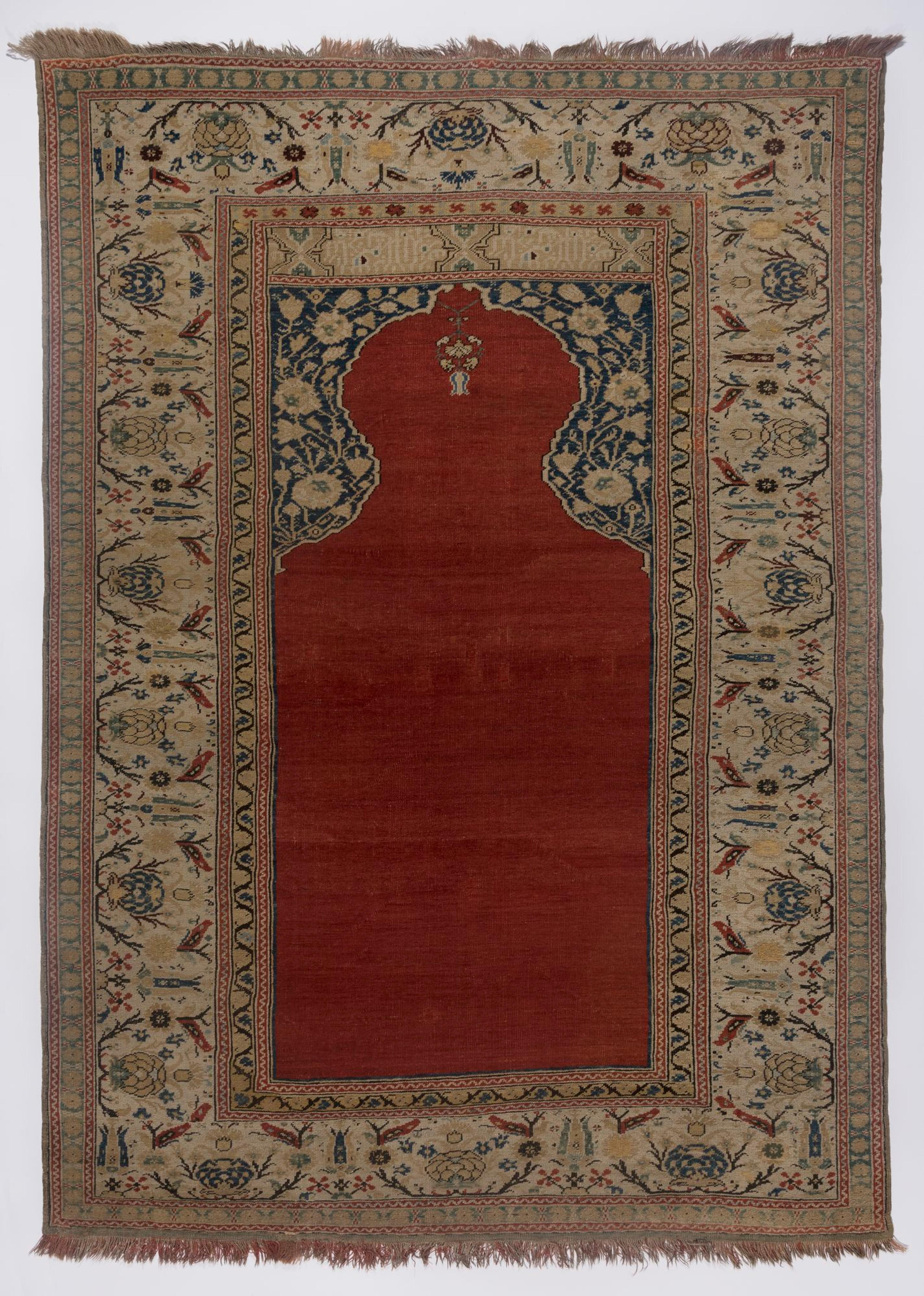 Prayer Carpet, Turkey (Gördes), Ottoman period, 18th century. Wool warp and weft, wool pile, 73 1/2 × 51 in. (186.7 × 129.5 cm). Brooklyn Museum, Gift of the Ernest Erickson Foundation, Inc., 86.227.120. (Photo: Brooklyn Museum)