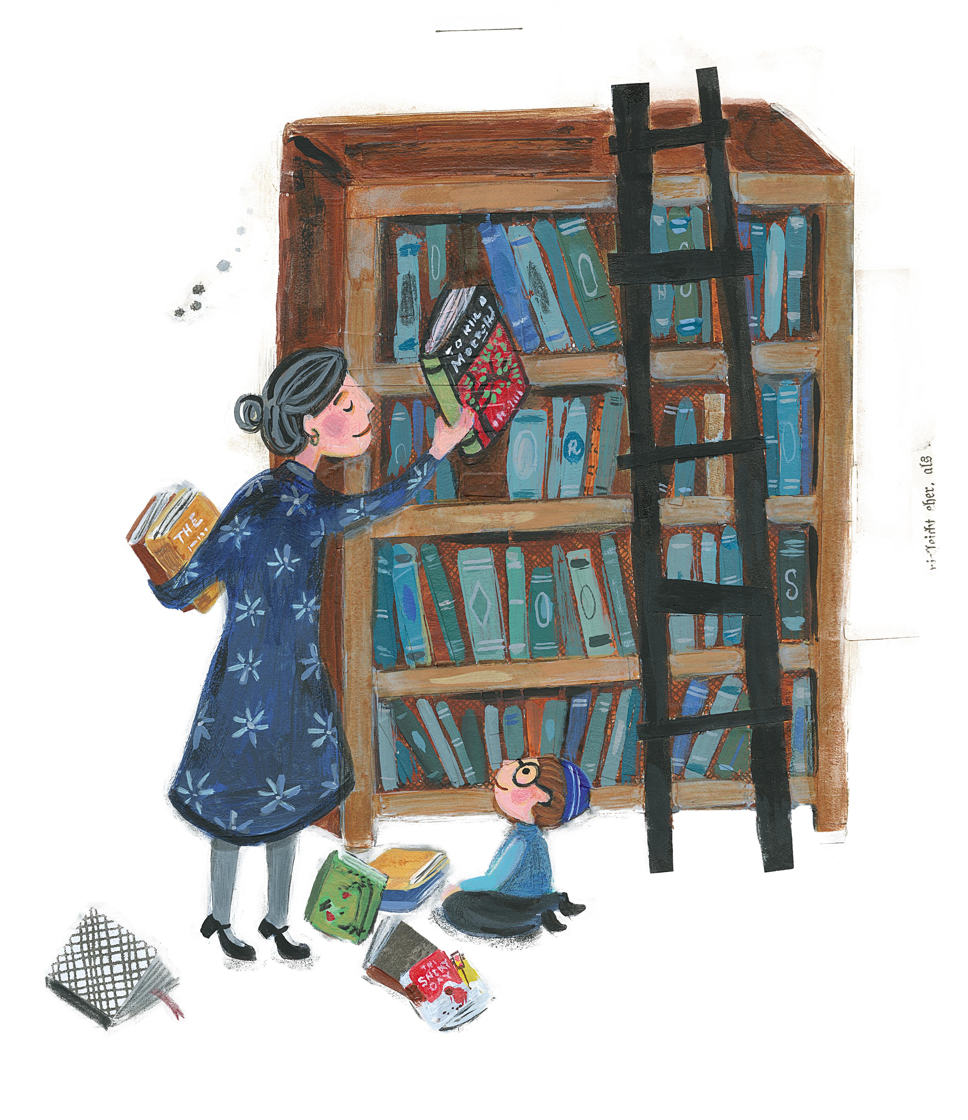 Illustration showing a woman putting books on shelves with a child kneeling below