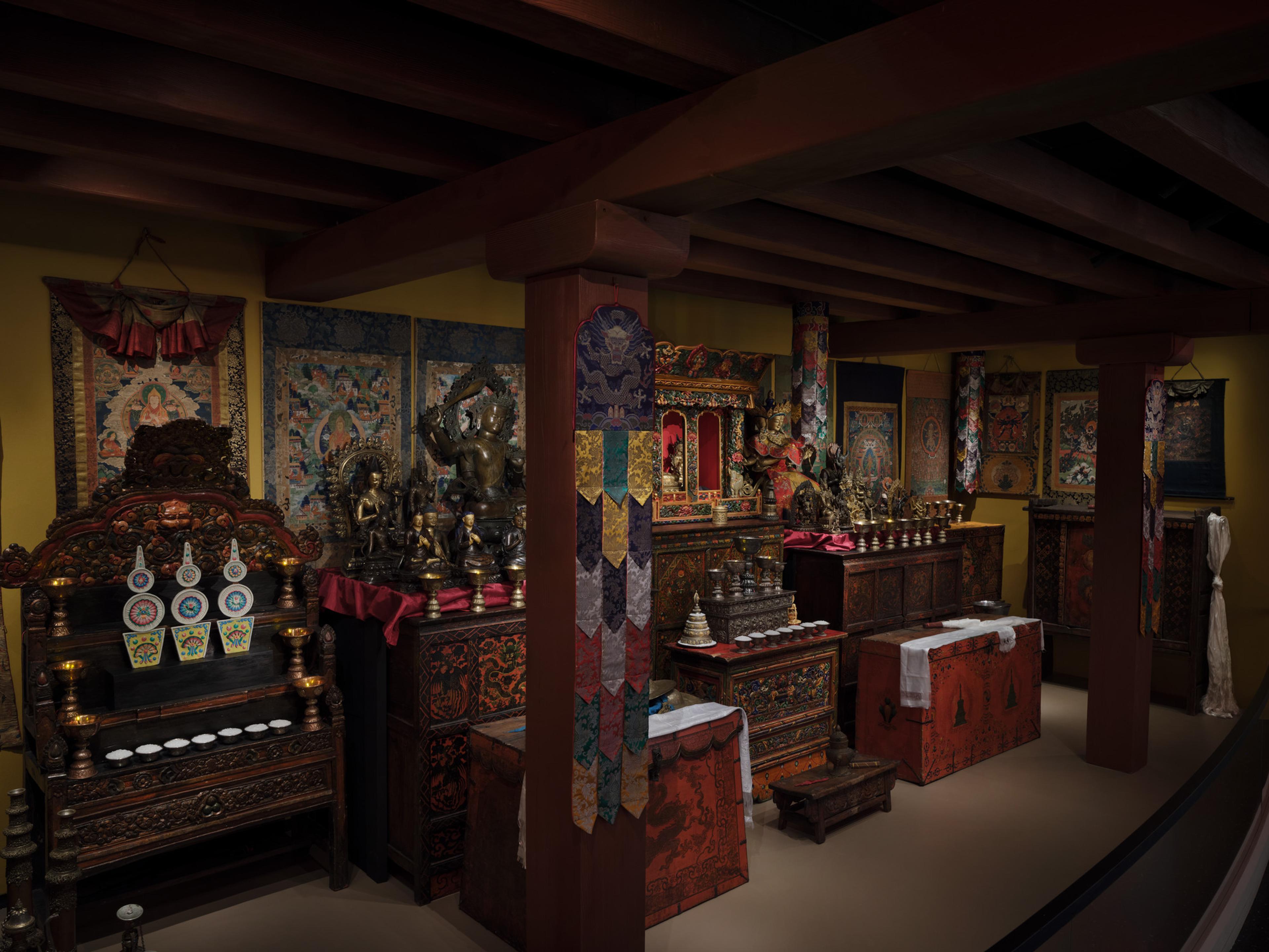 Installation view of the Rubin Museum Tibetan Buddhist Shrine Room. Brooklyn Museum, June 11, 2025–April 20, 2031. (Photo: Timothy Doyon)