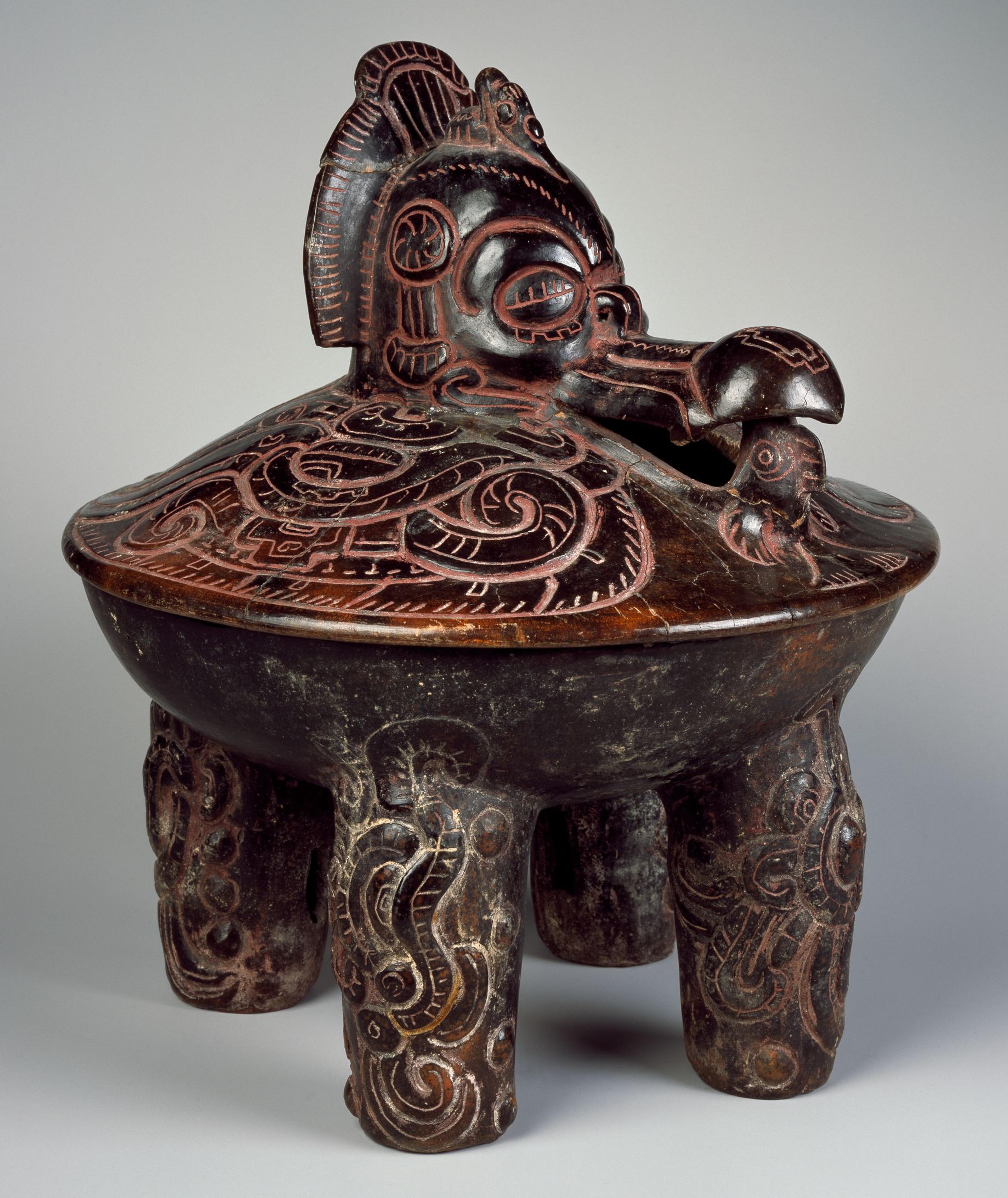 Maya artist. Tetrapod Bowl with Lid, 350–450. Ceramic, pigment, 13 × 111/4 × 111/4 in. (33 × 28.6 × 28.6 cm). Brooklyn Museum; Ella C. Woodward Memorial Fund, 64.217a–b. Creative Commons-BY. (Photo: Brooklyn Museum)