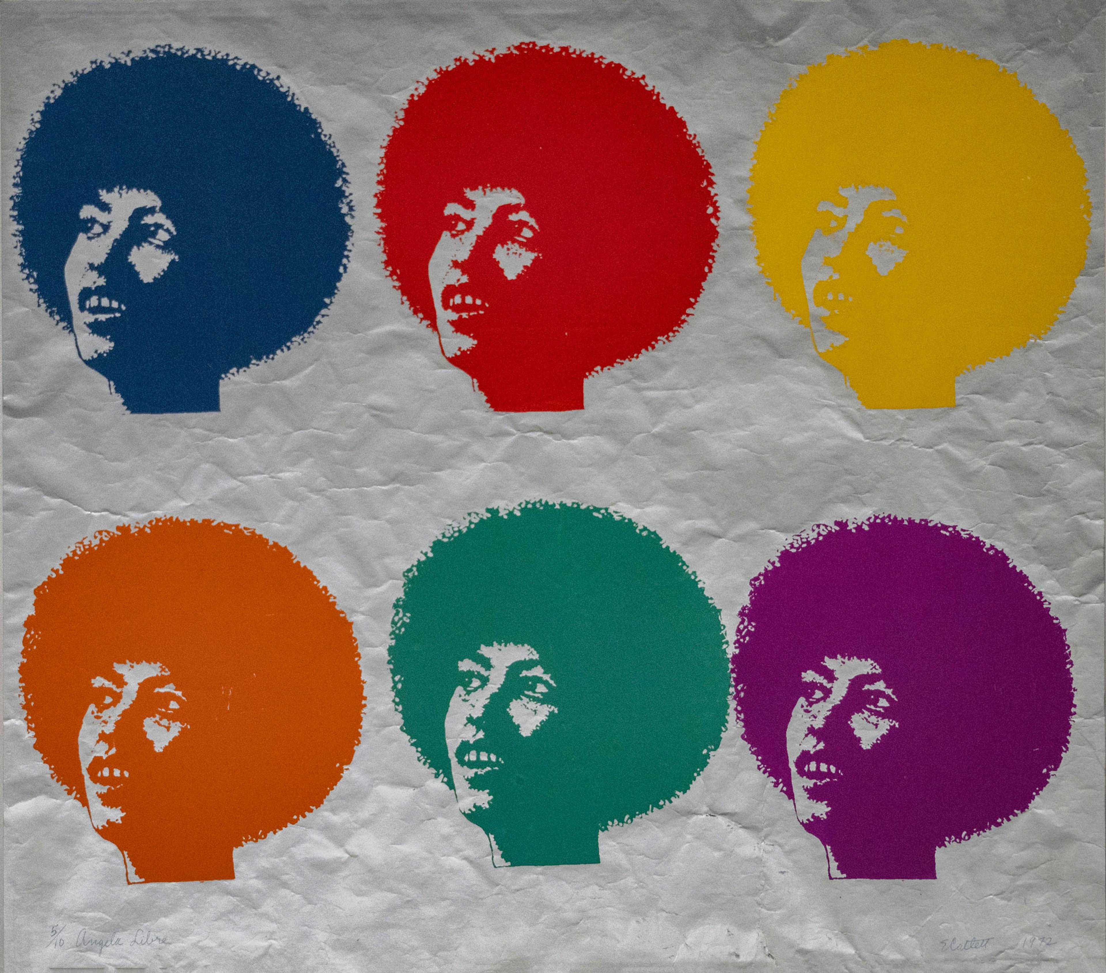 Screenprint featured the same figure wearing an afro hair style, depicted in blue, red, yellow, orange, green, and purple