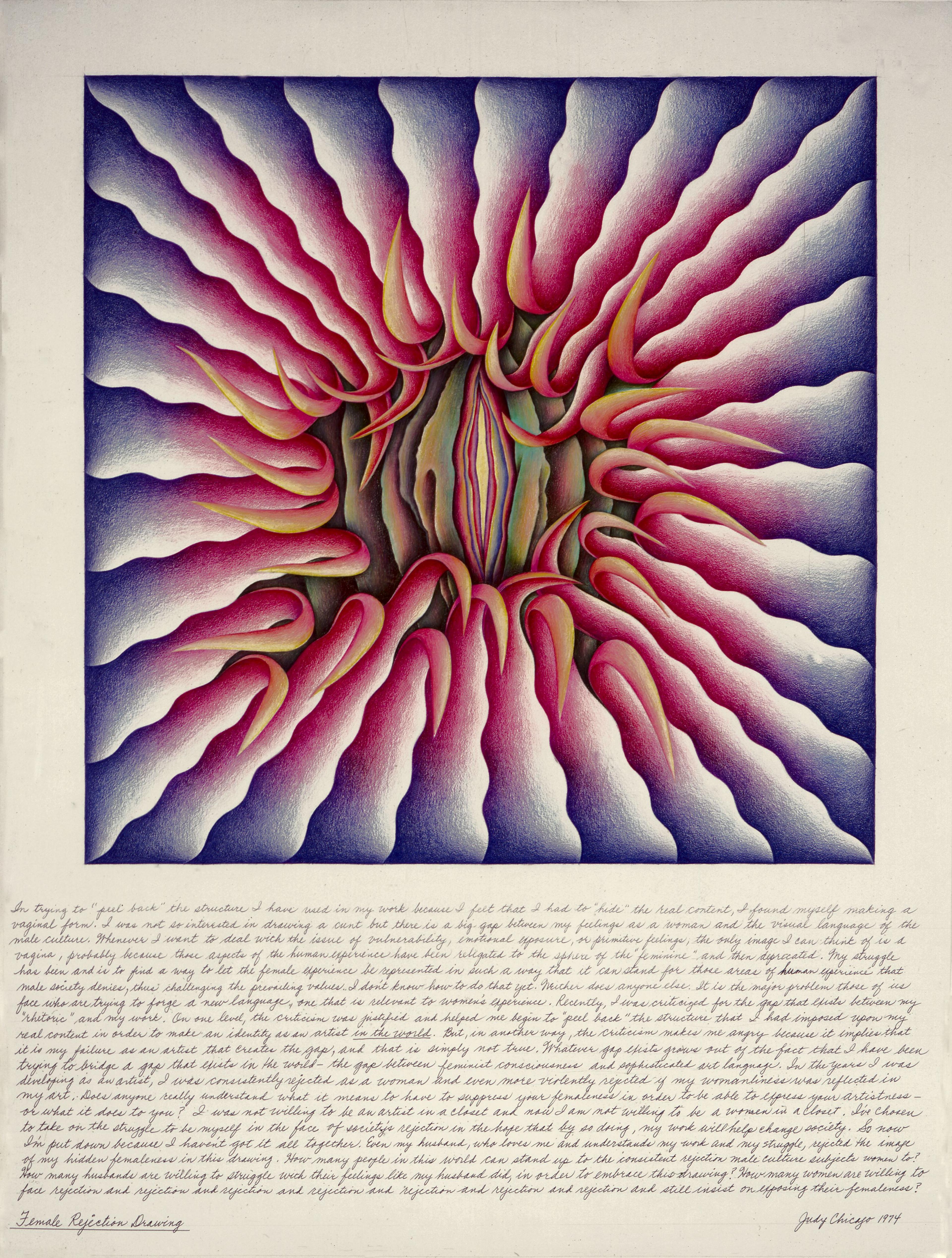 Judy Chicago (American, b. 1939). Female Rejection Drawing #3, from the Rejection Quintet, 1974. Prismacolor pencil on rag paper, 30 × 40 in. (76.2 × 101.6 cm). San Francisco Museum of Modern Art, Gift of Tracy O’Kates. © Judy Chicago. Photo © Donald Woodman