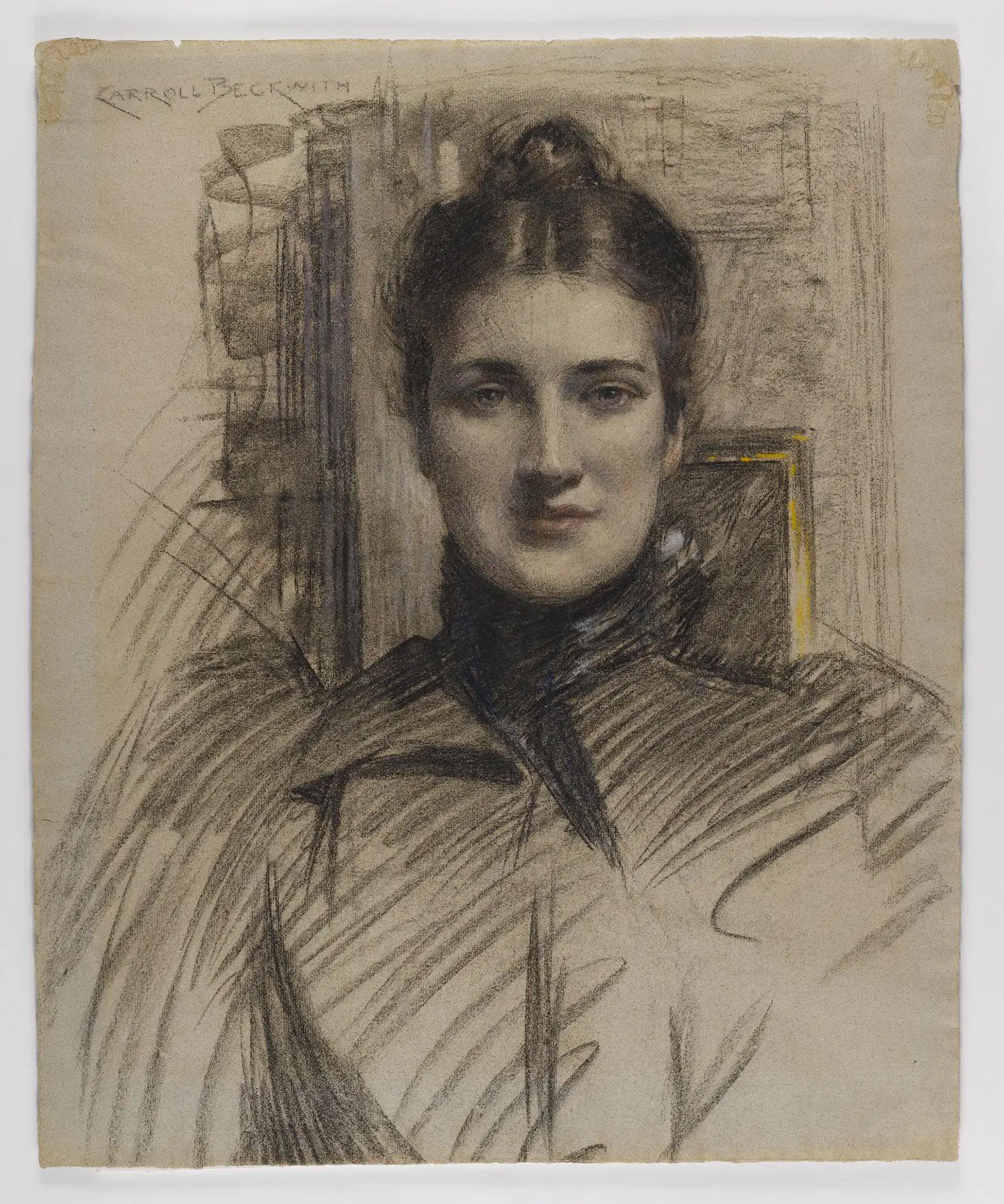 Charcoal portrait of a woman with a high collar