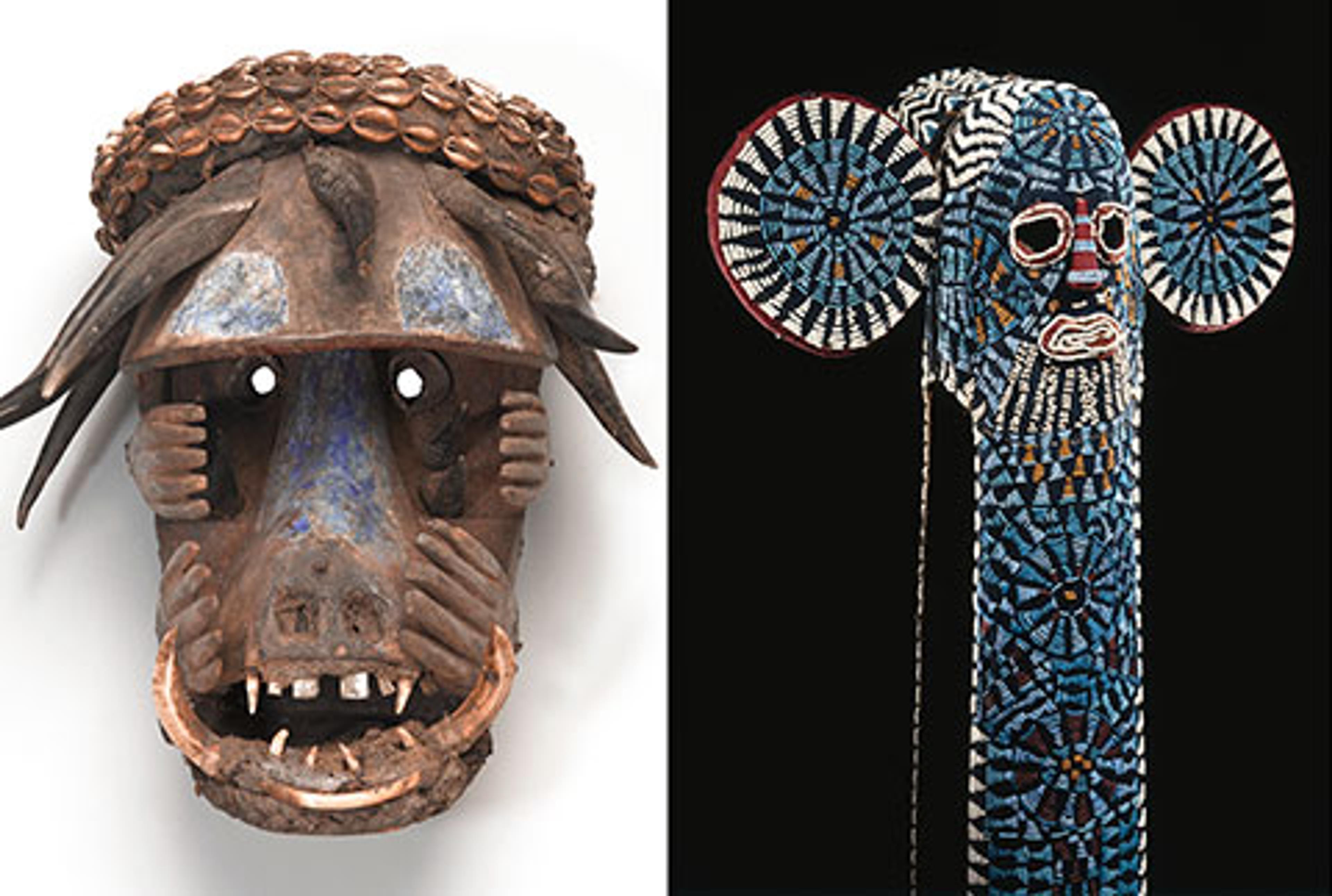 Left: Unidentified Sapo artist. Mask (Gela), 20th century, Sinoe or Grand Gedeh county, Liberia. Wood, metal, cowrie shell, pigment, animal teeth, antelope and duiker horn, boar tusk, plant fibers, textile, earth, ceramic. Brooklyn Museum, Gift of Mr. and Mrs. J. Gordon Douglas III and Dr. and Mrs. Milton Gross, by exchange, 2013.61.1; Right: Unidentified Bamileke artist. Kuosi Society Elephant Mask, 20th century, Grassfields region, Cameroon. Cloth, beads, raffia, fiber, 563⁄4 x 211⁄2 in. (144.1 × 54.5 cm). Brooklyn Museum, Gift of Frieda B. and Milton F. Rosenthal, 81.170. (Photos: Brooklyn Museum)