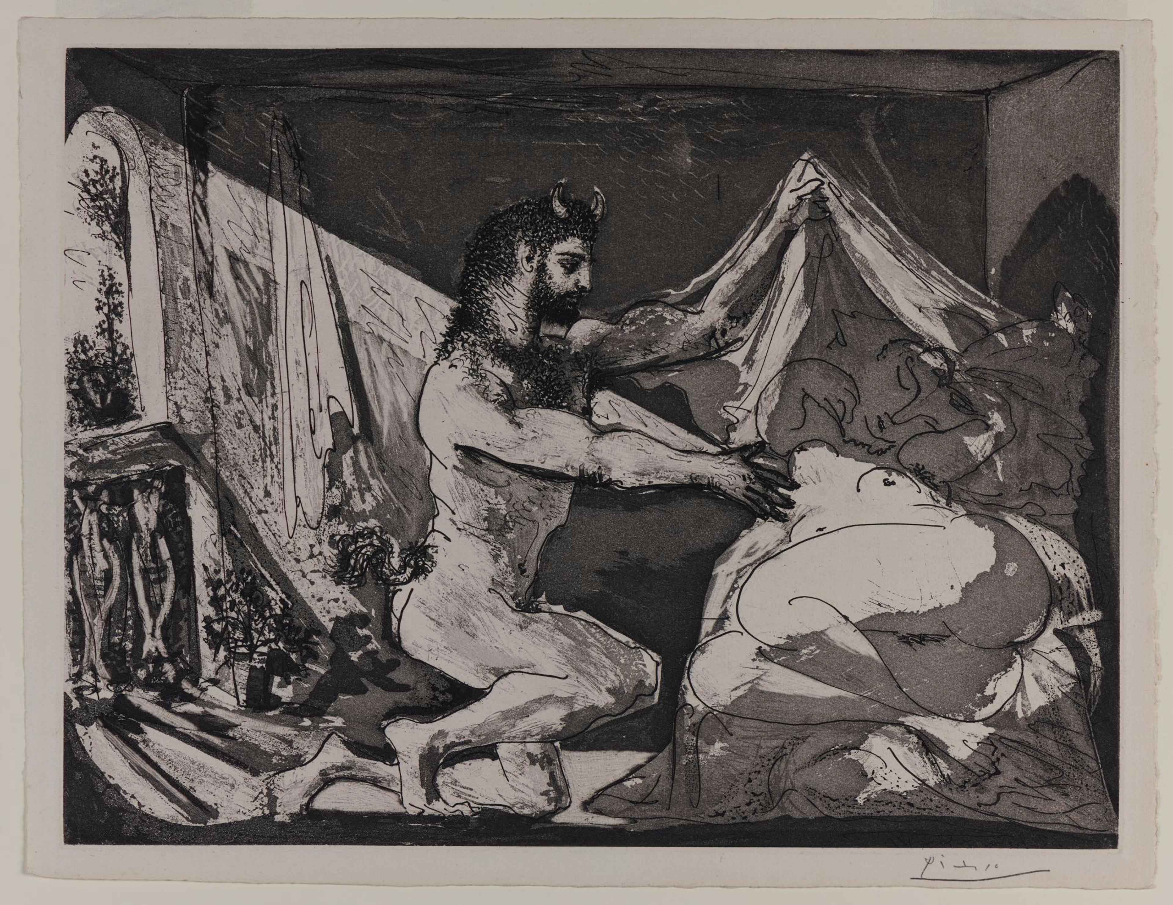 An etching depicting a bearded, satyr-like figure unveiling a reclining nude in a shadowed interior setting