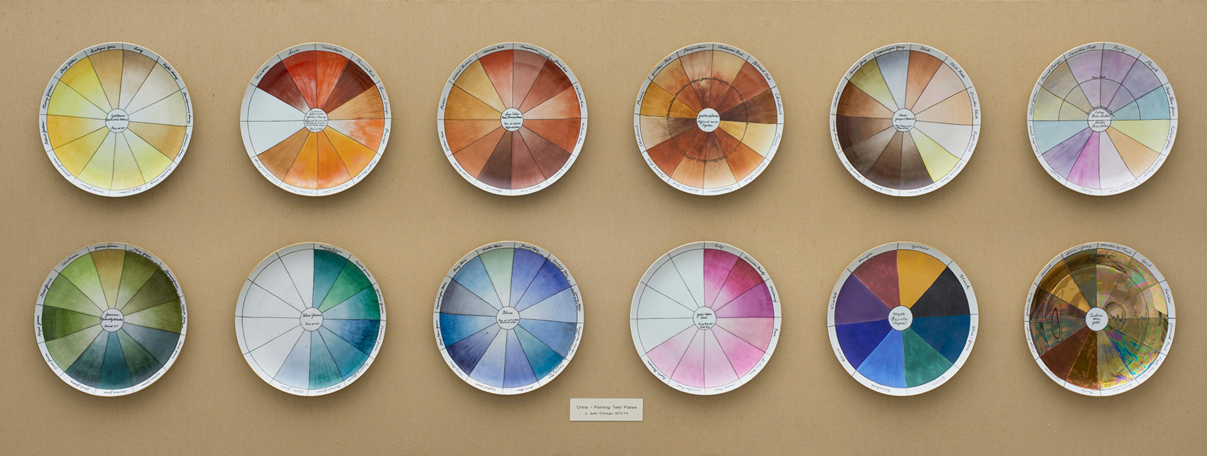 Judy Chicago (American, born 1939). China-painting Color Test Plates from The Dinner Party, 1974. Porcelain and china paint, twelve plates, 343/4 x 84 x 8 in. (88.3 x 213.4 x 20.3 cm). Brooklyn Museum, Gift of the artist, 2014.71. © 2017 Judy Chicago / Artists Rights Society (ARS), New York. (Photo: Jonathan Dorado, Brooklyn Museum)