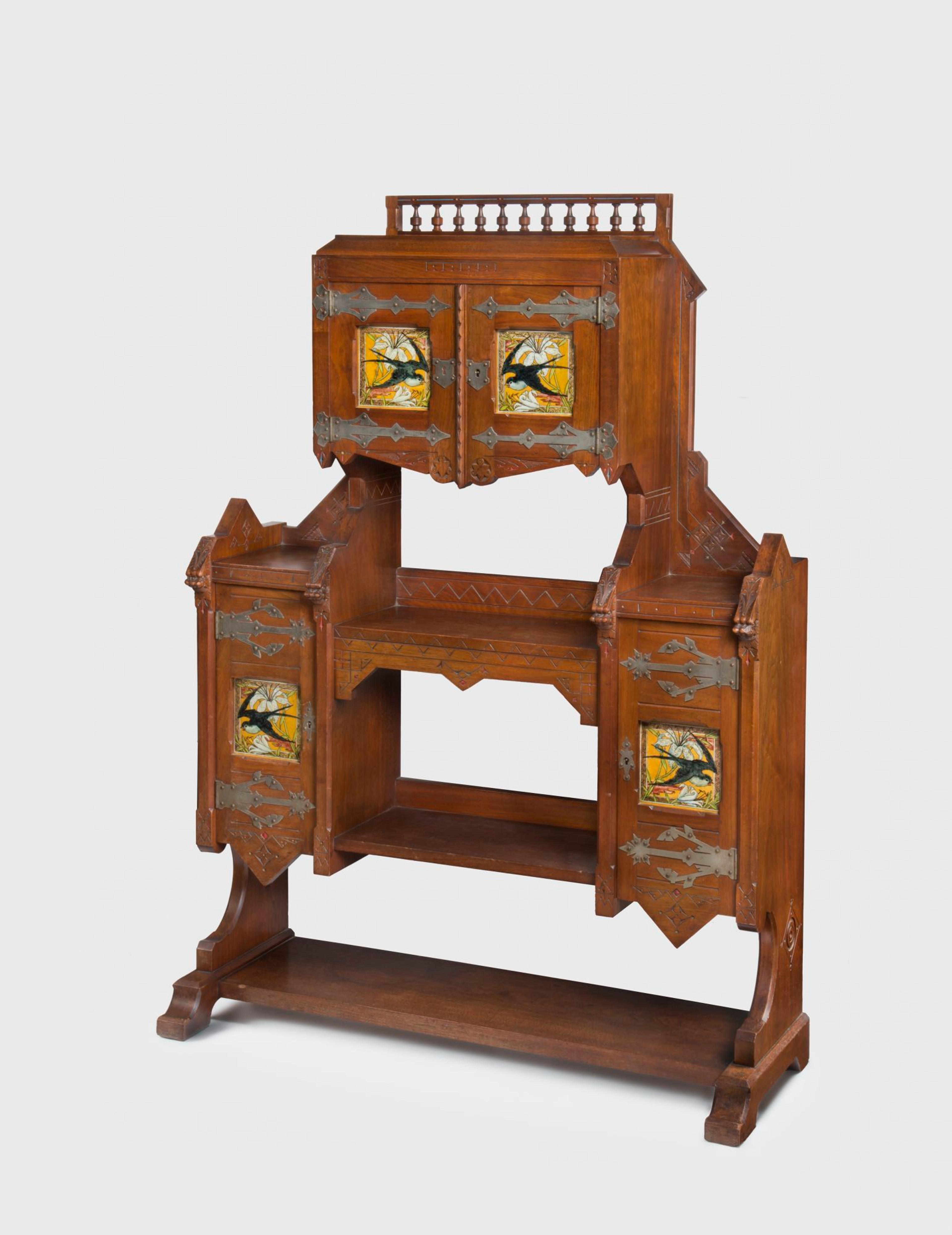 Kimbel and Cabus (New York, 1863–82). Étagère, circa 1875. American black walnut, earthenware, metal, paint, 601/2 × 411/2 × 153/4 in. (153.7 × 105.4 × 40 cm). Collection of Ann Pyne. (Photo: Gavin Ashworth)