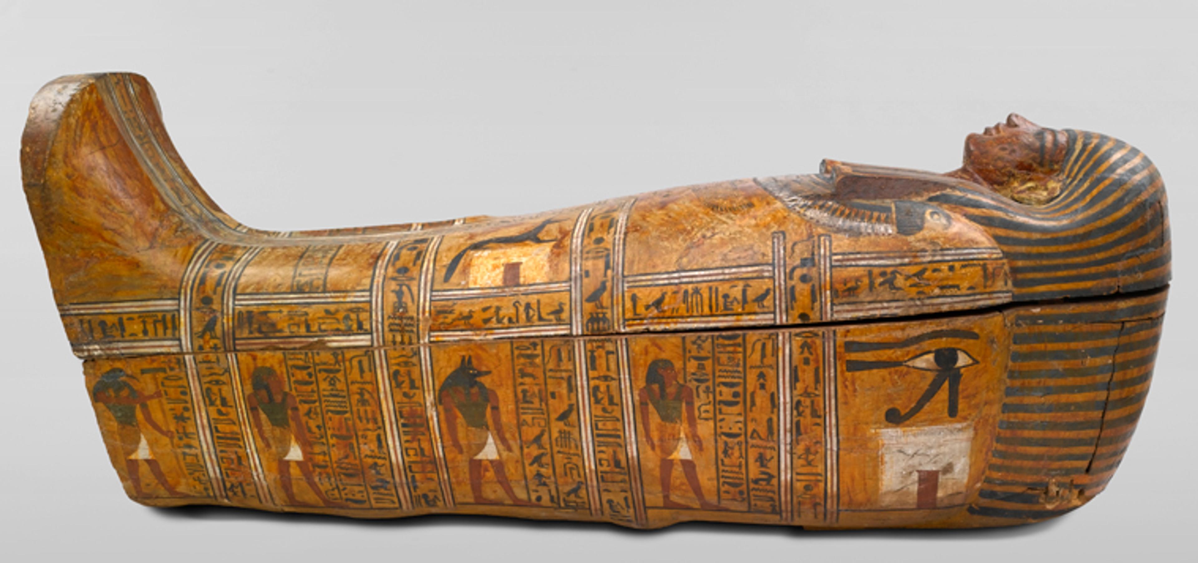 Anthropoid Coffin of the Servant of the Great Place, Teti. Egypt, from Thebes. New Kingdom, mid- to late Dynasty 18, circa 1339−1307 B.C.E. Wood, painted, box with lid in place: 337⁄16 x 26 3⁄16 x 831⁄2 in. Brooklyn Museum, Charles Edwin Wilbour Fund, 37.14Ea−b