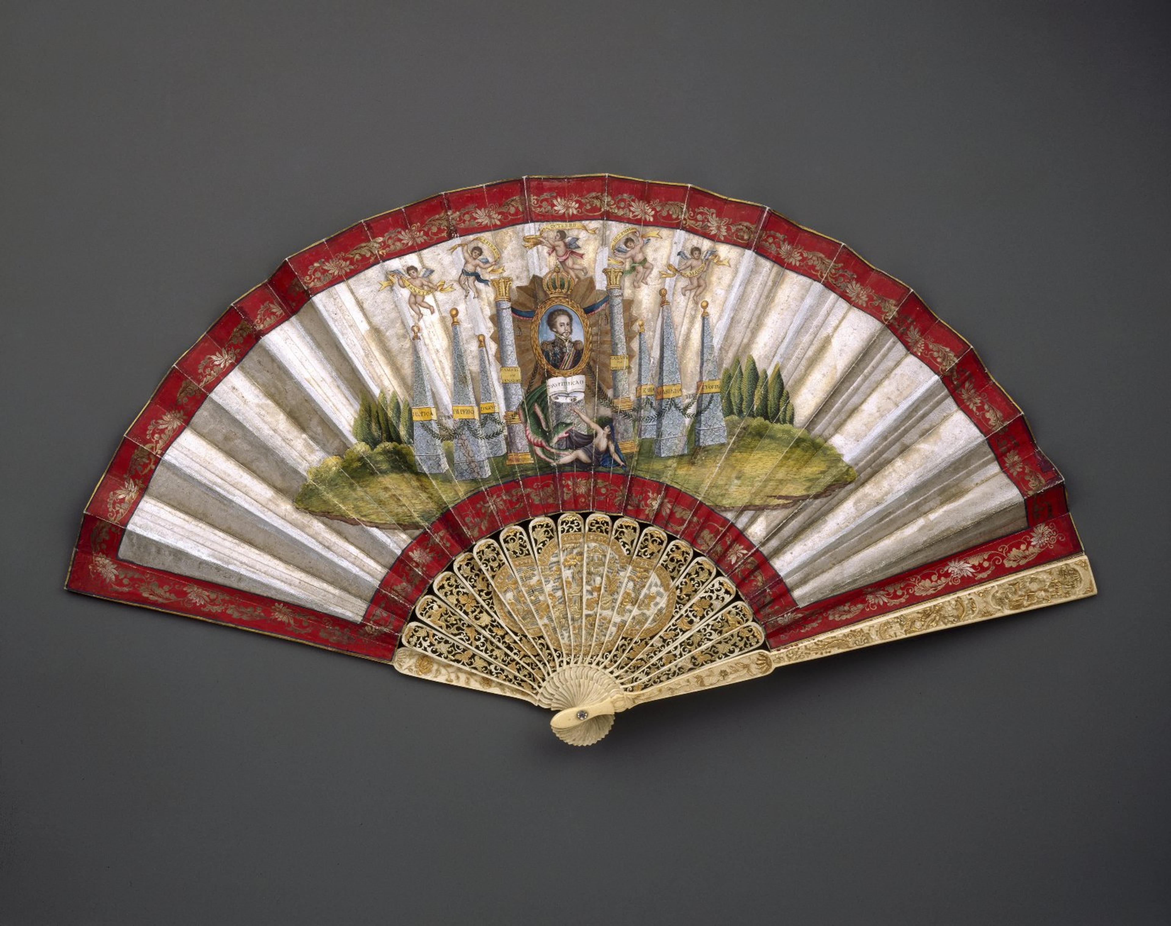 Unknown artist. Fan, 1822–31. Ivory sticks and painted paper mount, open: 121⁄2 x 23 in. (31.8 × 58.4 cm). Brooklyn Museum, Gift of Millicent V. Hearst, 62.184.47