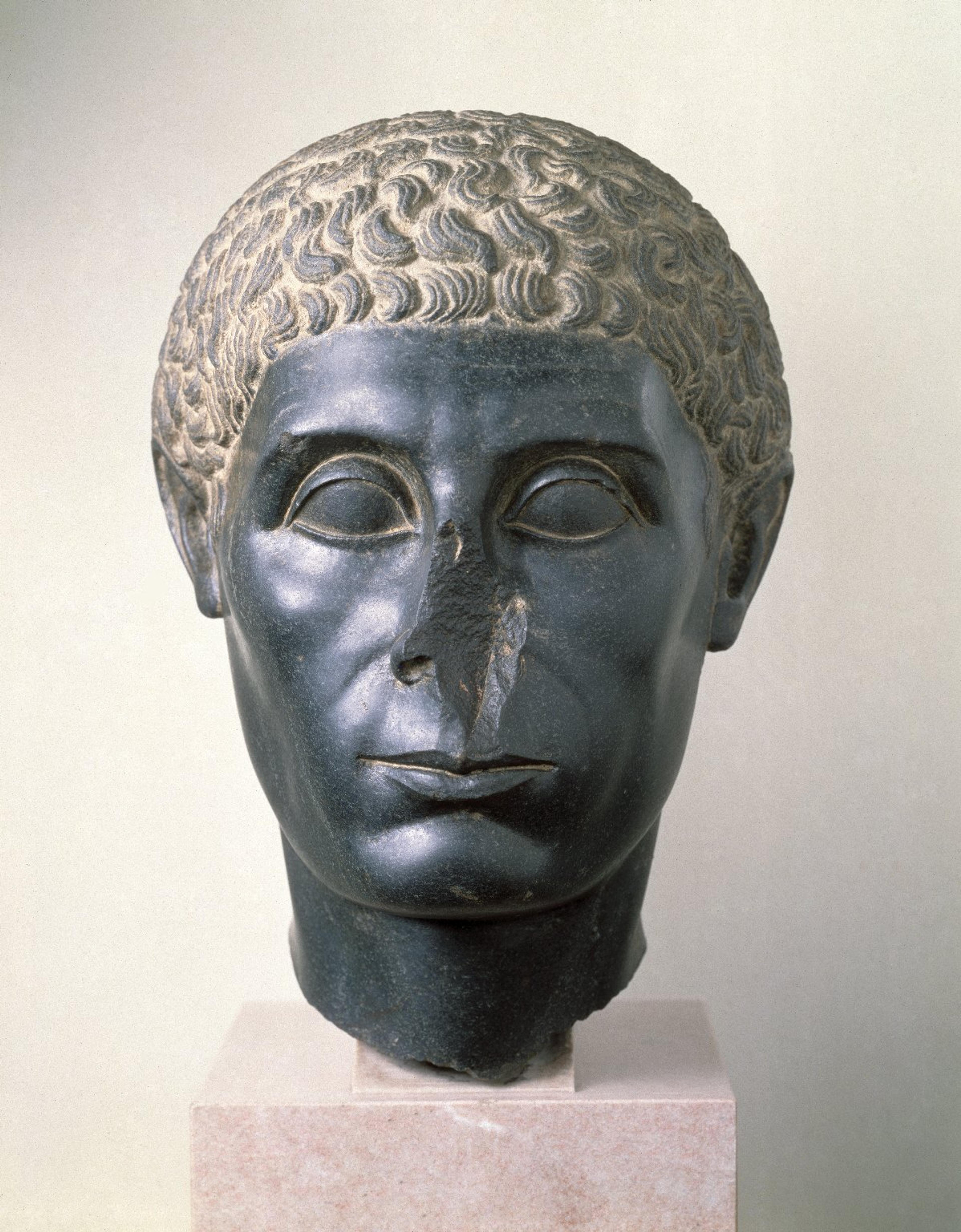 The Brooklyn Black Head. Egypt, provenance unknown, reportedly from Memphis. Ptolemaic Period, circa 50 B.C.E. Diorite, 165⁄8 in. (42.2 cm). Brooklyn Museum, Charles Edwin Wilbour Fund, 58.30