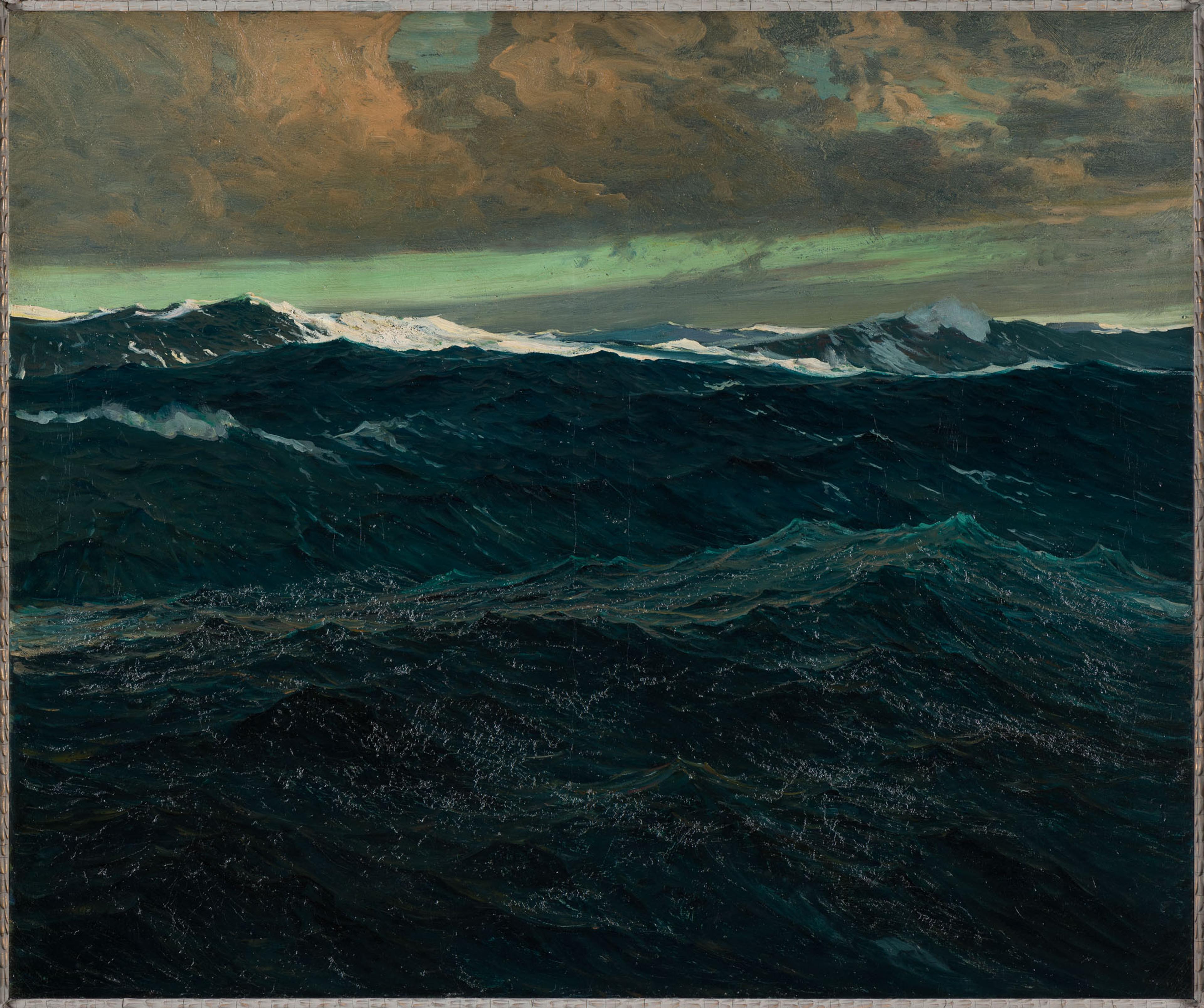 Dark seascape painting featuring waves against a stormy sky