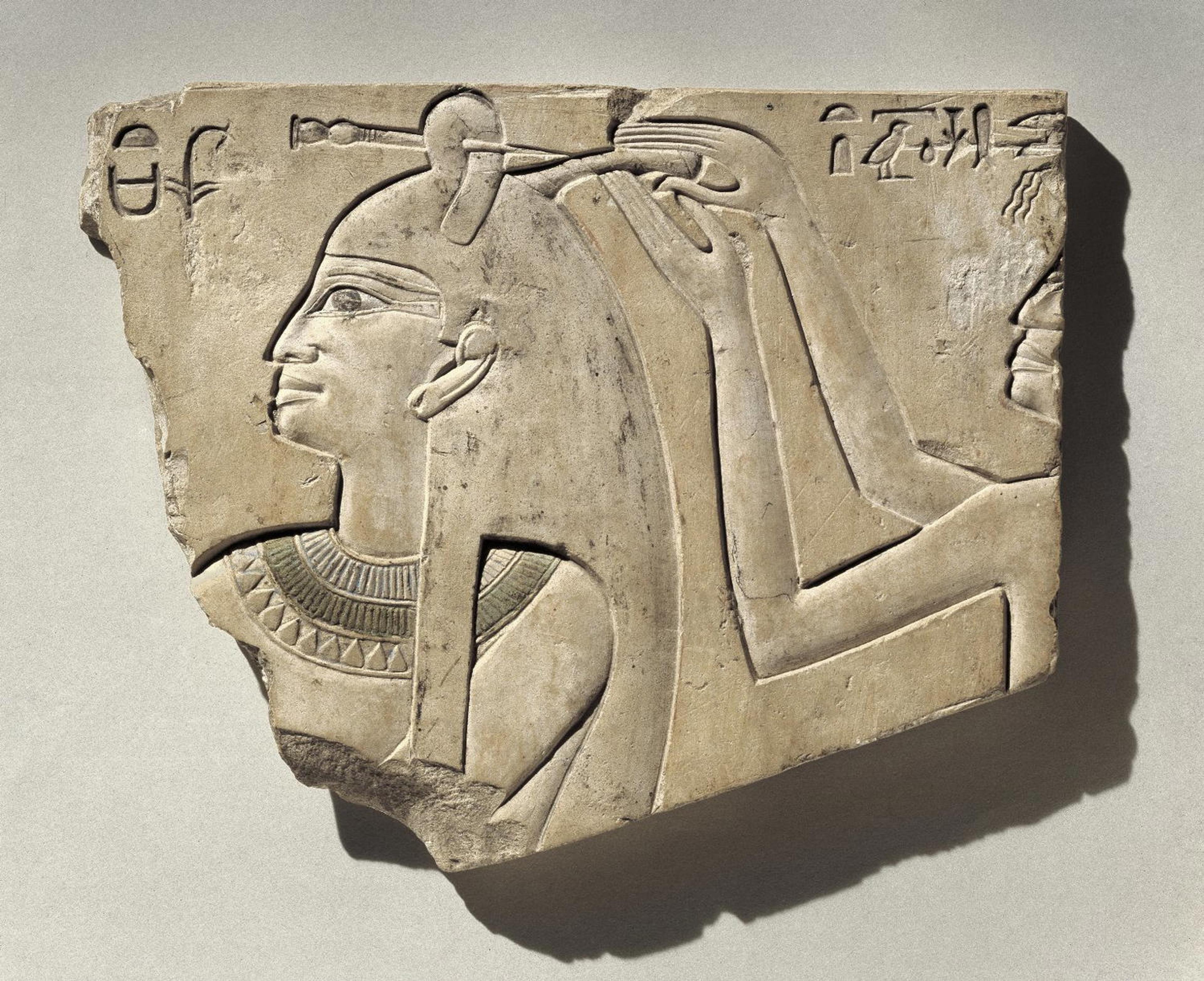<i>Sunk Relief of Queen Neferu</i>, ca. 2008–1957 B.C.E.. Limestone, pigment, 7 1/2 x 9 5/16 x 3/4 in. (19 x 23.6 x 1.9 cm). Brooklyn Museum, Charles Edwin Wilbour Fund, 54.49. (Photo: Brooklyn Museum)