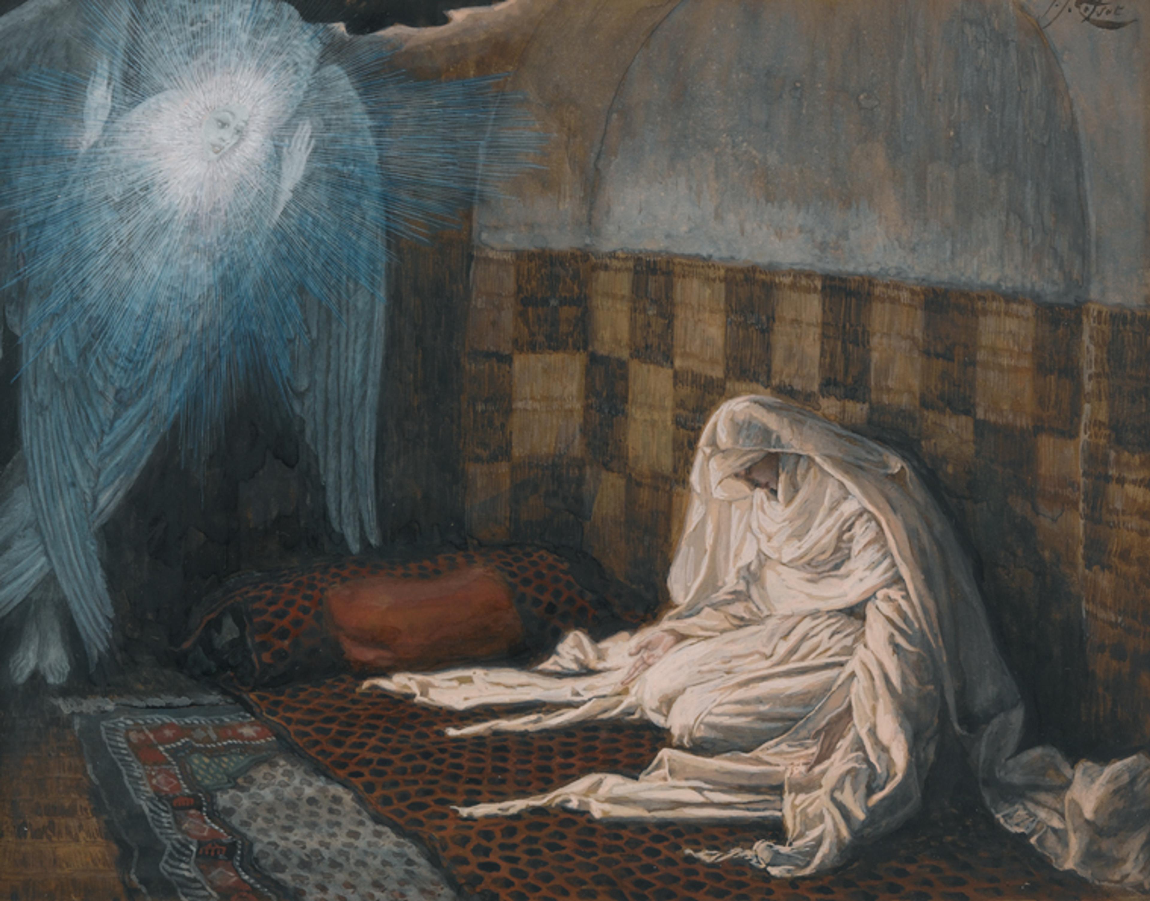 James Tissot (French, 1836–1902). The Annunciation, 1886–94. Opaque watercolor over graphite on gray wove paper, 611⁄16 x 89⁄16 in. (17 × 21.7 cm). Brooklyn Museum, Purchased by public subscription, 00.159.16