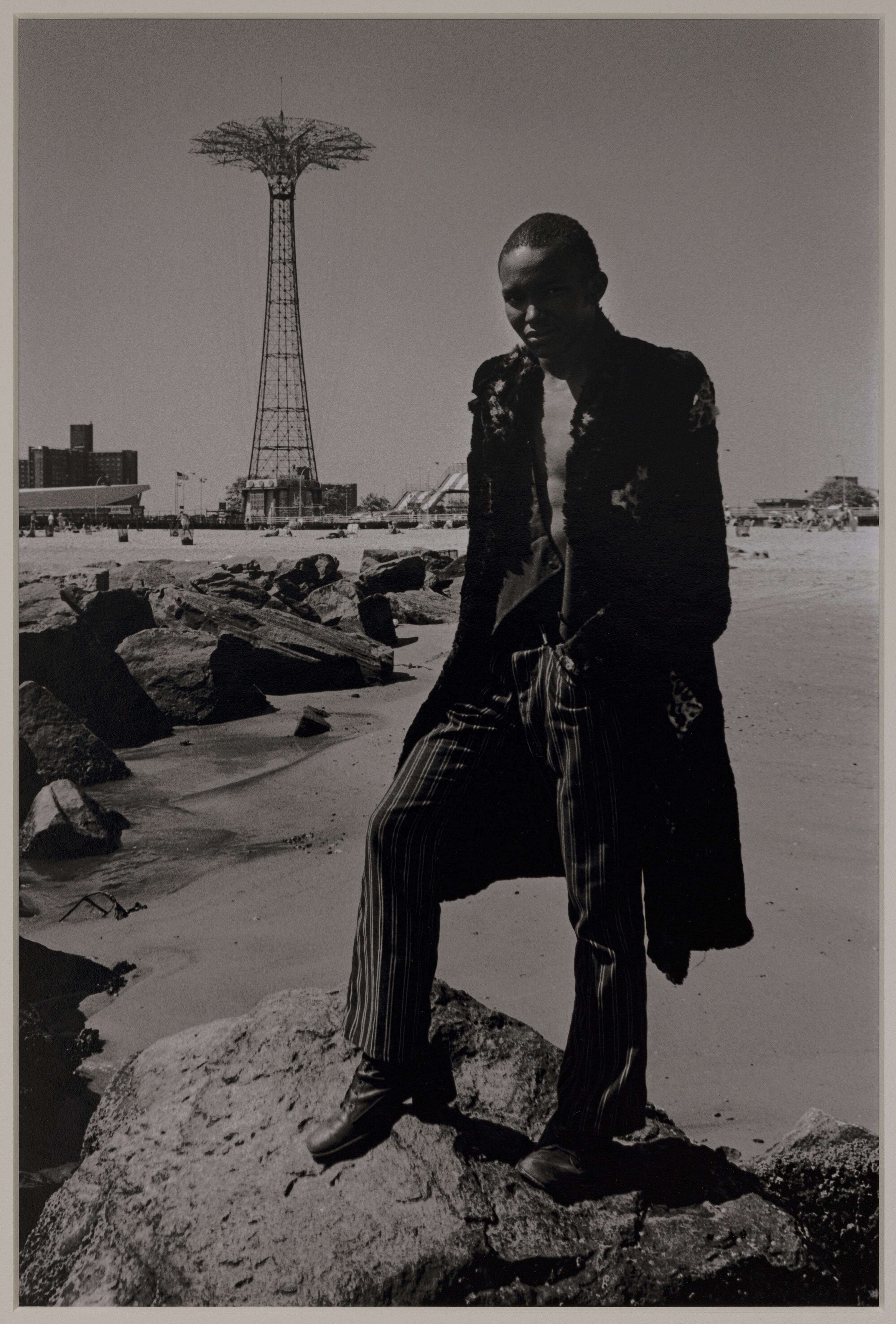 Sebastian Milito. <i>Boy in Fur Coat - Coney Island</i>, 1972. Kodak, Polycontrast Double Weight. Brooklyn Museum; Gift of The Family of Sebastian Milito, 2023.32.6. © Sebastian Milito. (Photo: Brooklyn Museum)