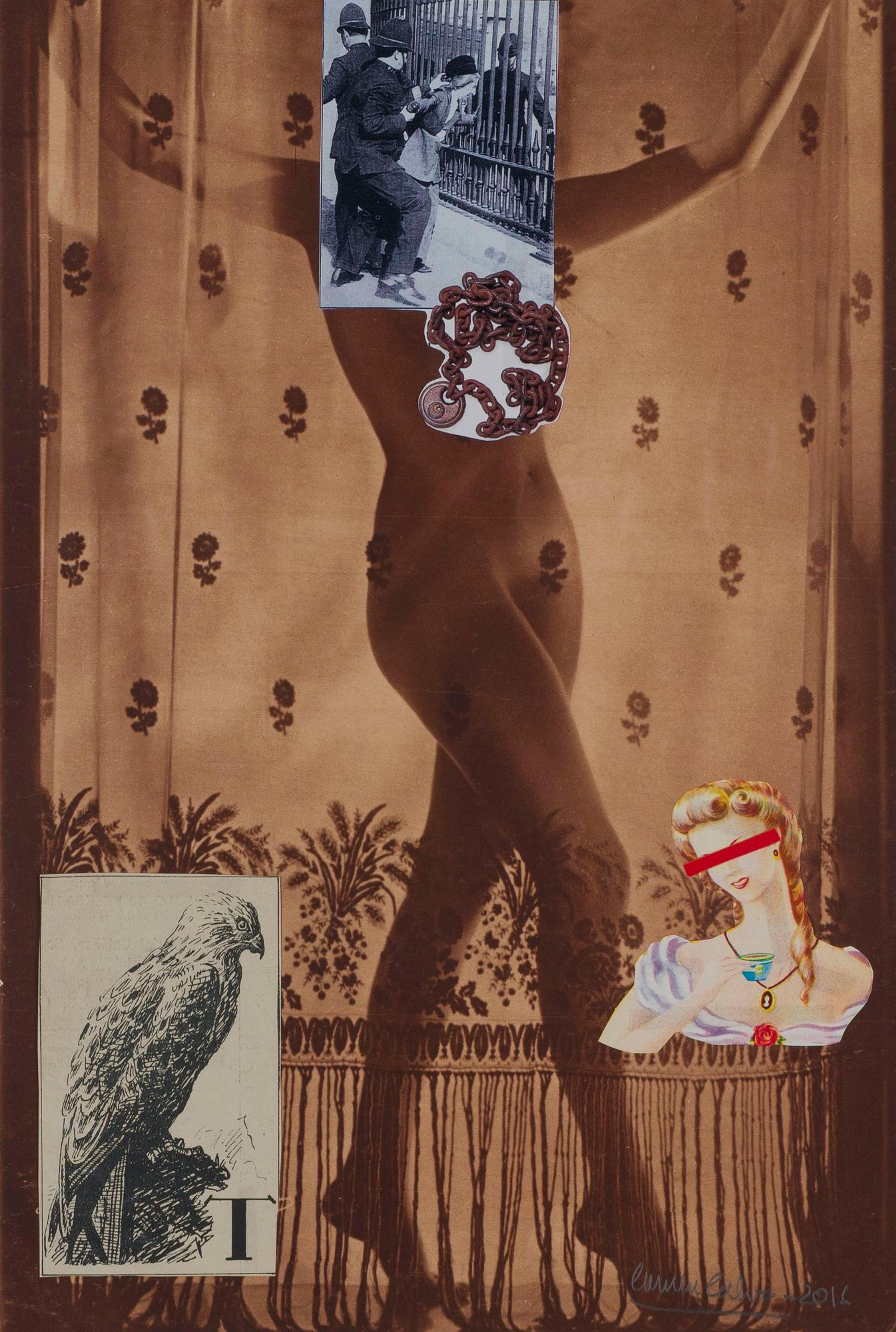 Carmen Calvo (born Cabra, Spain, 1950). La cartina indiscreta, 2015. Mixed-media collage: 24 3/16 × 18 5/16 in. (61.5 × 46.5 cm). The Sir Mark Fehrs Haukohl Photography Collection at the Los Angeles County Museum of Art and Brooklyn Museum, with additional support provided by the Emily Winthrop Miles Fund, 2023.36.1. © Carmen Calvo (Photo: Brooklyn Museum)