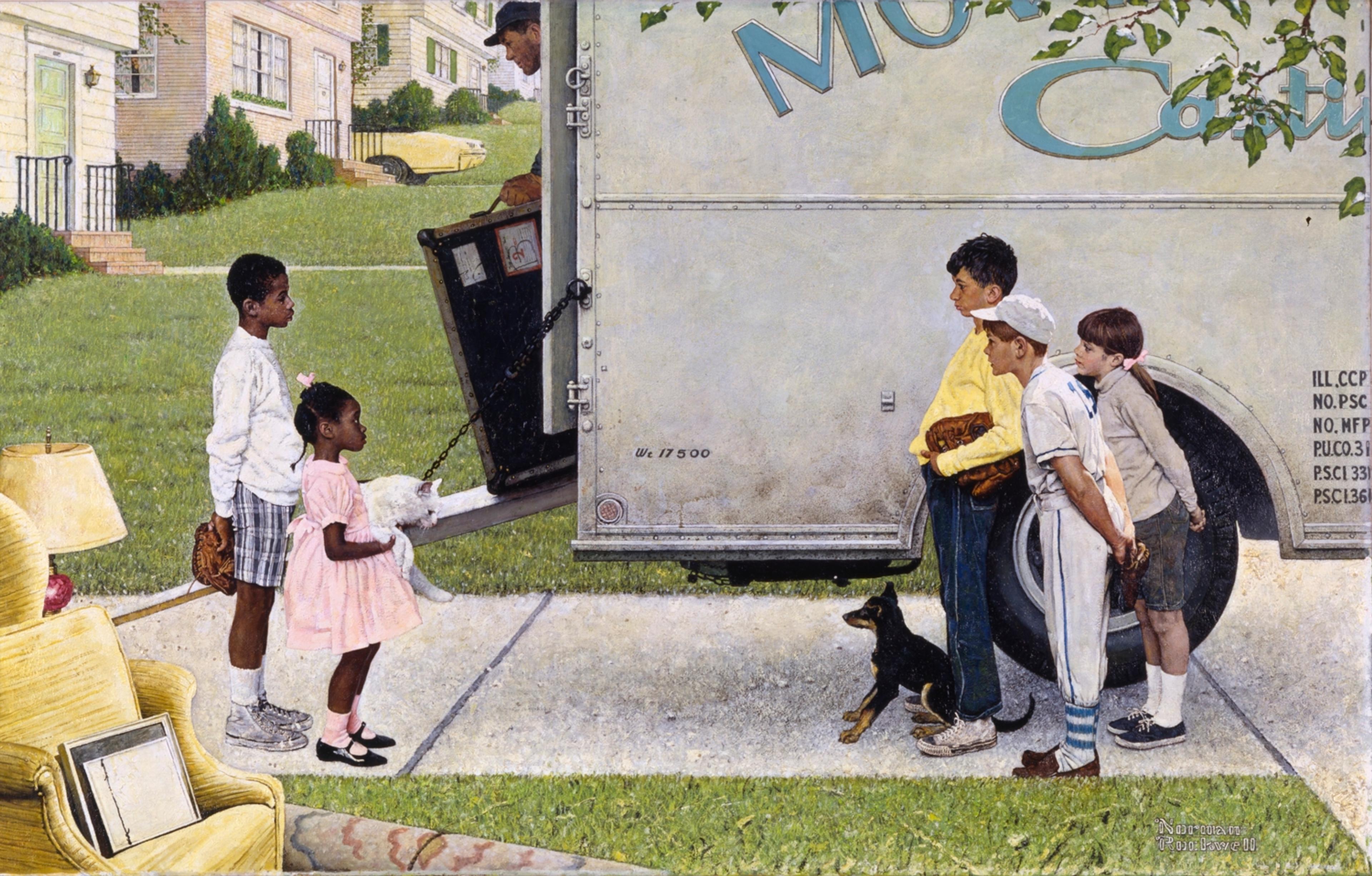 Norman Rockwell (American, 1894–1978). New Kids in the Neighborhood (Negro in the Suburbs), 1967. Oil on canvas, 361⁄2 x 571⁄2 in. (92.7 × 146.1 cm). Story illustration for Look, May 16, 1967. Norman Rockwell Museum Collection, Stockbridge, Massachusetts. Printed by permission of the Norman Rockwell Family Agency. © 2013 the Norman Rockwell Family Entities