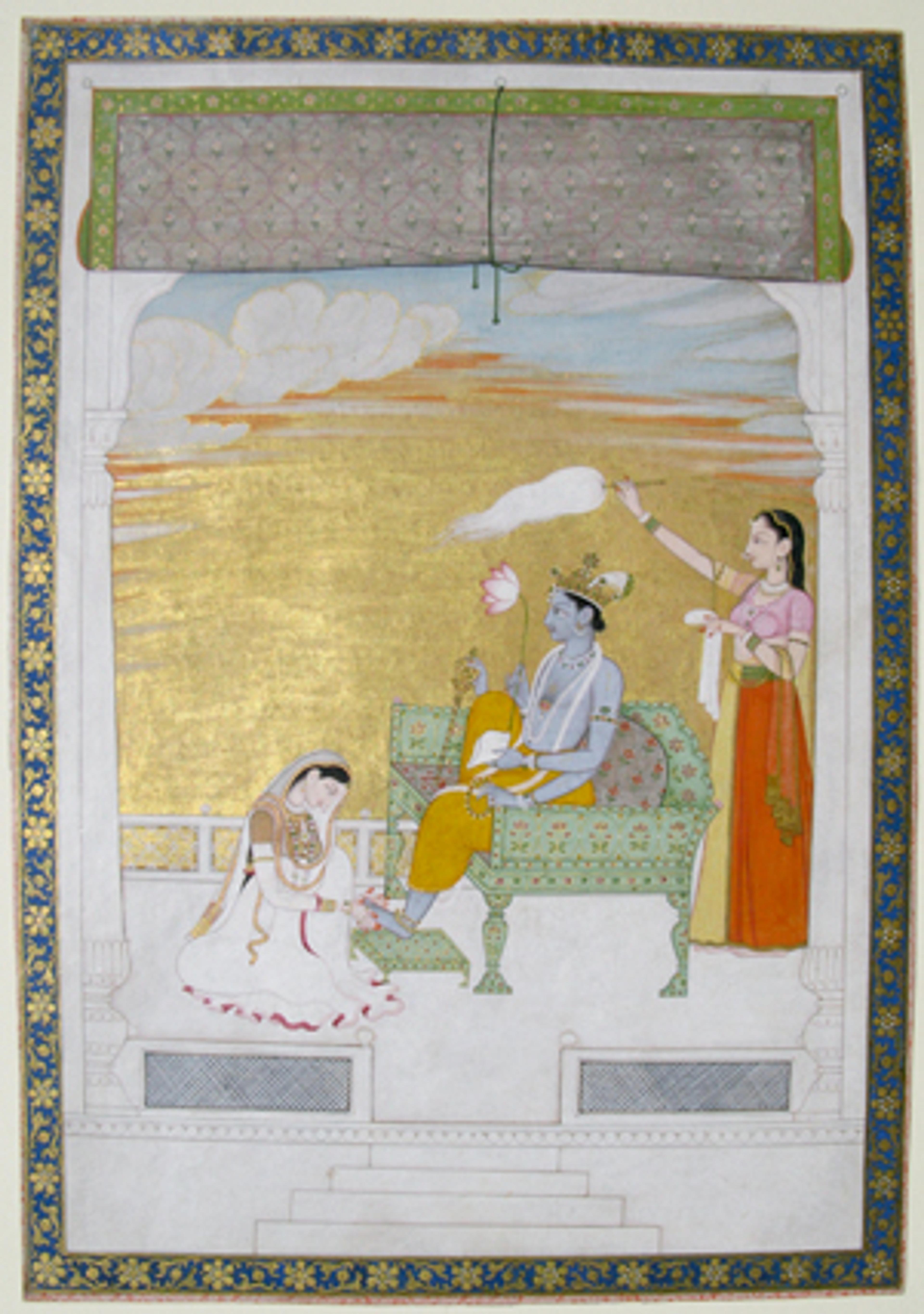 Lakshmi Massaging the Foot of Vishnu. Northern India (Punjab Hills, possibly Basohli), circa 1765–70. Opaque watercolor, gold, and silver on paper, 103⁄4 x 73⁄8 in. (27.3 × 18.7 cm). Collection of Catherine and Ralph Benkaim