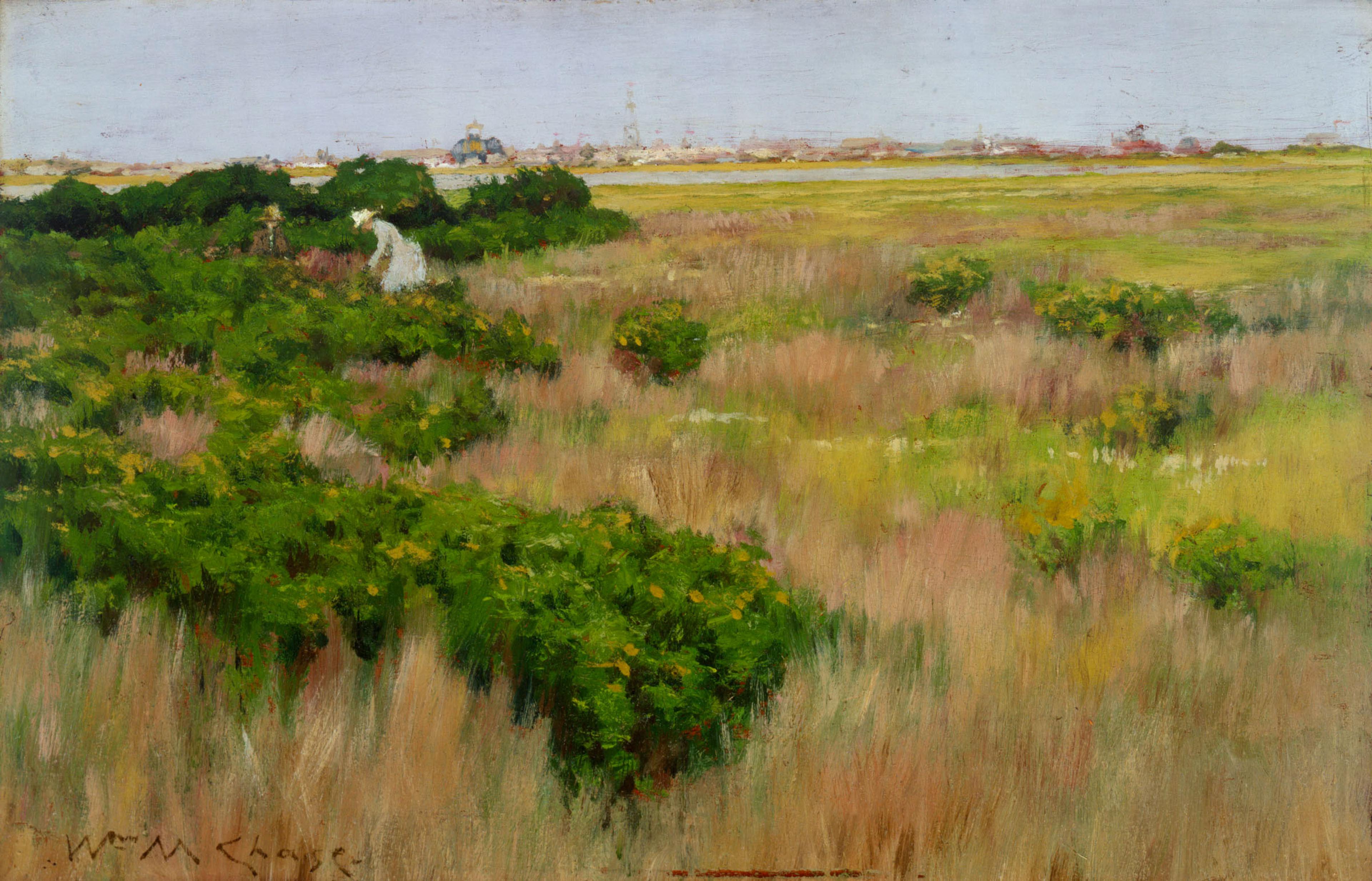 William Merritt Chase (American, 1849–1916). Landscape, near Coney Island, circa 1886. Oil on panel, 81⁄8 x 125⁄8 in. (20.6 × 32 cm). The Hyde Collection, Glens Falls, New York; Gift of Mary H. Beeman to the Pruyn Family Collection, 1995.12.7