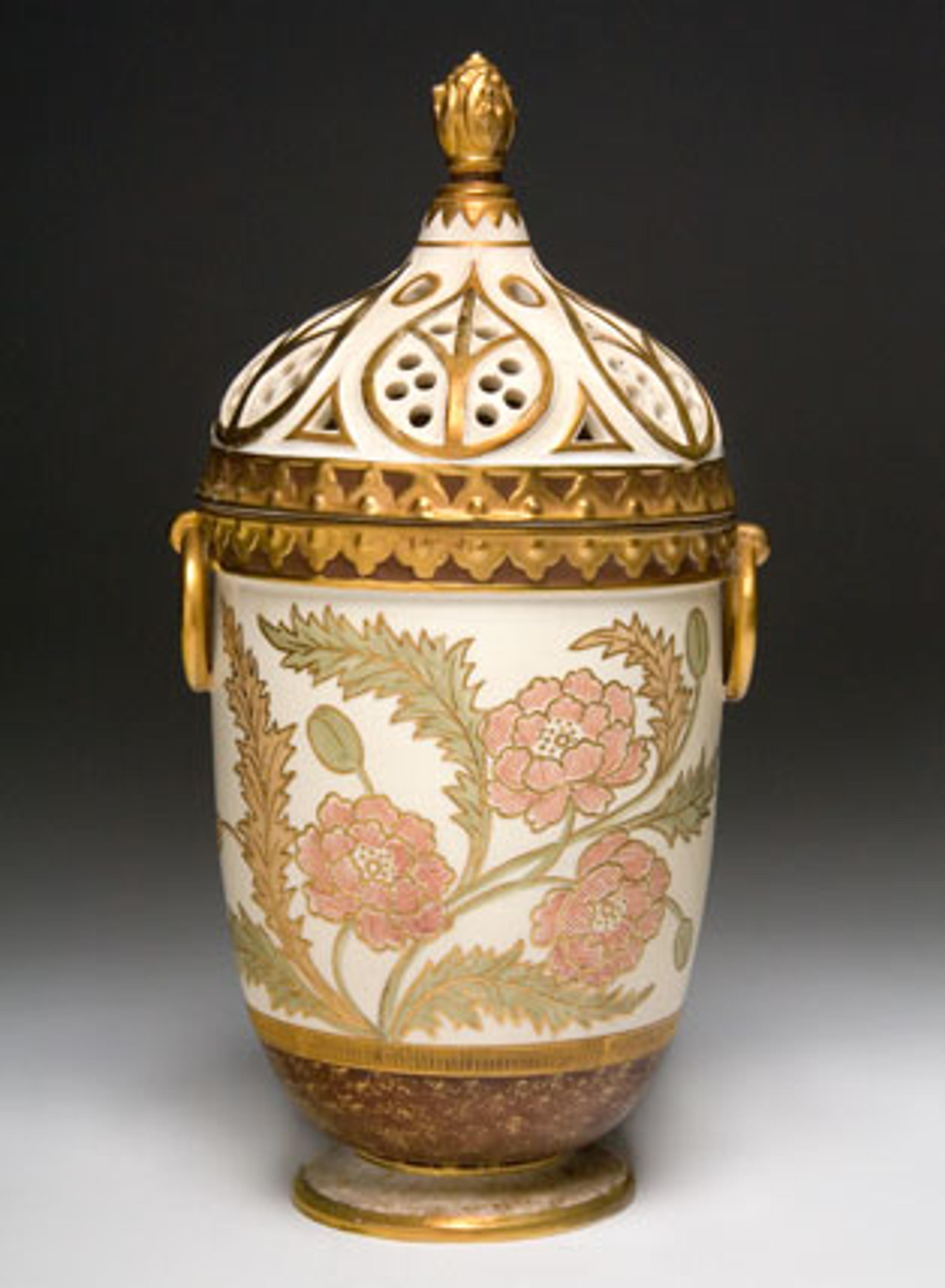 Edward Lycett (American, b. England, 1833–1910). Faience Manufacturing Company (1881–92). Covered Vase, 1886–90. Cream-colored earthenware painted over ivory-glazed ground with polychrome enamels and flat and raised gold paste decoration. Nally-Stufano Collection