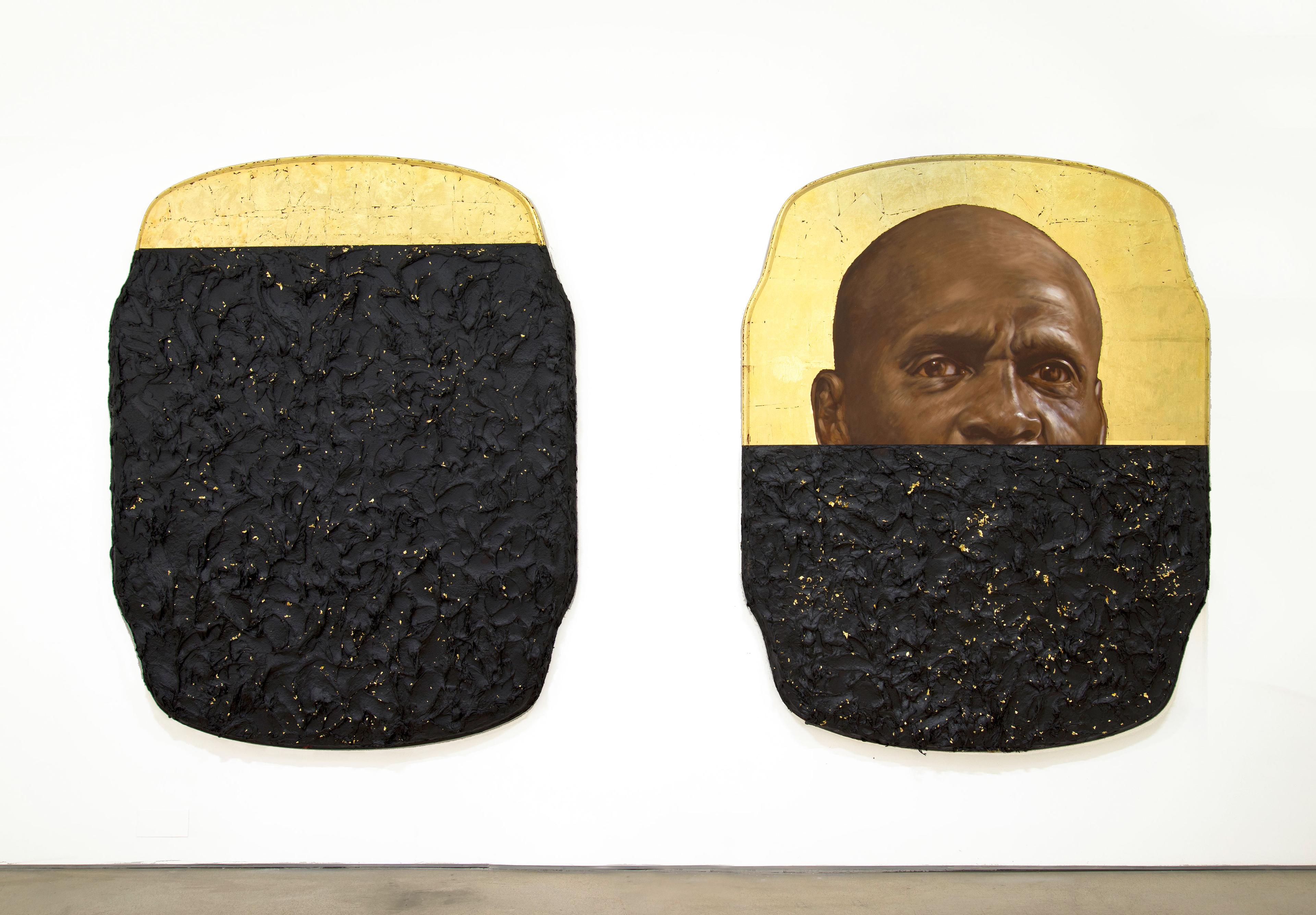 Titus Kaphar (American, born 1976) The Jerome Project (My Loss), 2014. Oil, gold leaf, and tar on wood panel, each 761⁄2 x 591⁄2 x 33⁄4 in. (194.3 × 151.1 × 9.5 cm). Brooklyn Museum, William K. Jacobs, Jr. Fund, 2015.7a–b. © Titus Kaphar. Photo: Courtesy of the artist and Jack Shainman Gallery, New York, 2015