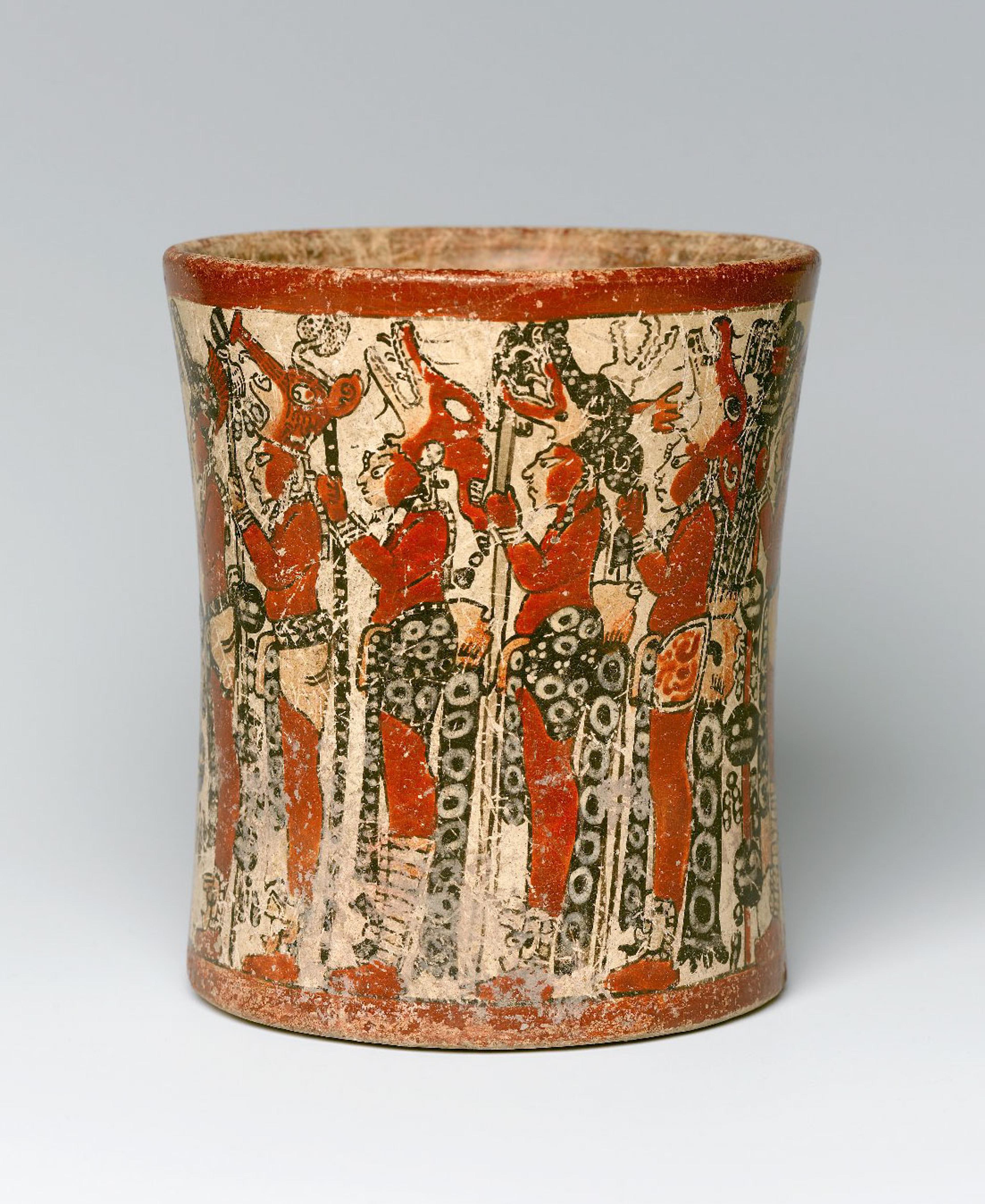 Maya. Cylindrical Vessel, circa 550–950 C.E. Ceramic, pigment, 61⁄4 x 53⁄8 x 53⁄8 in. (15.9 x 13.7 x 13.7 cm). Brooklyn Museum, Gift in memory of Frederic Zeller, 1998.176.2