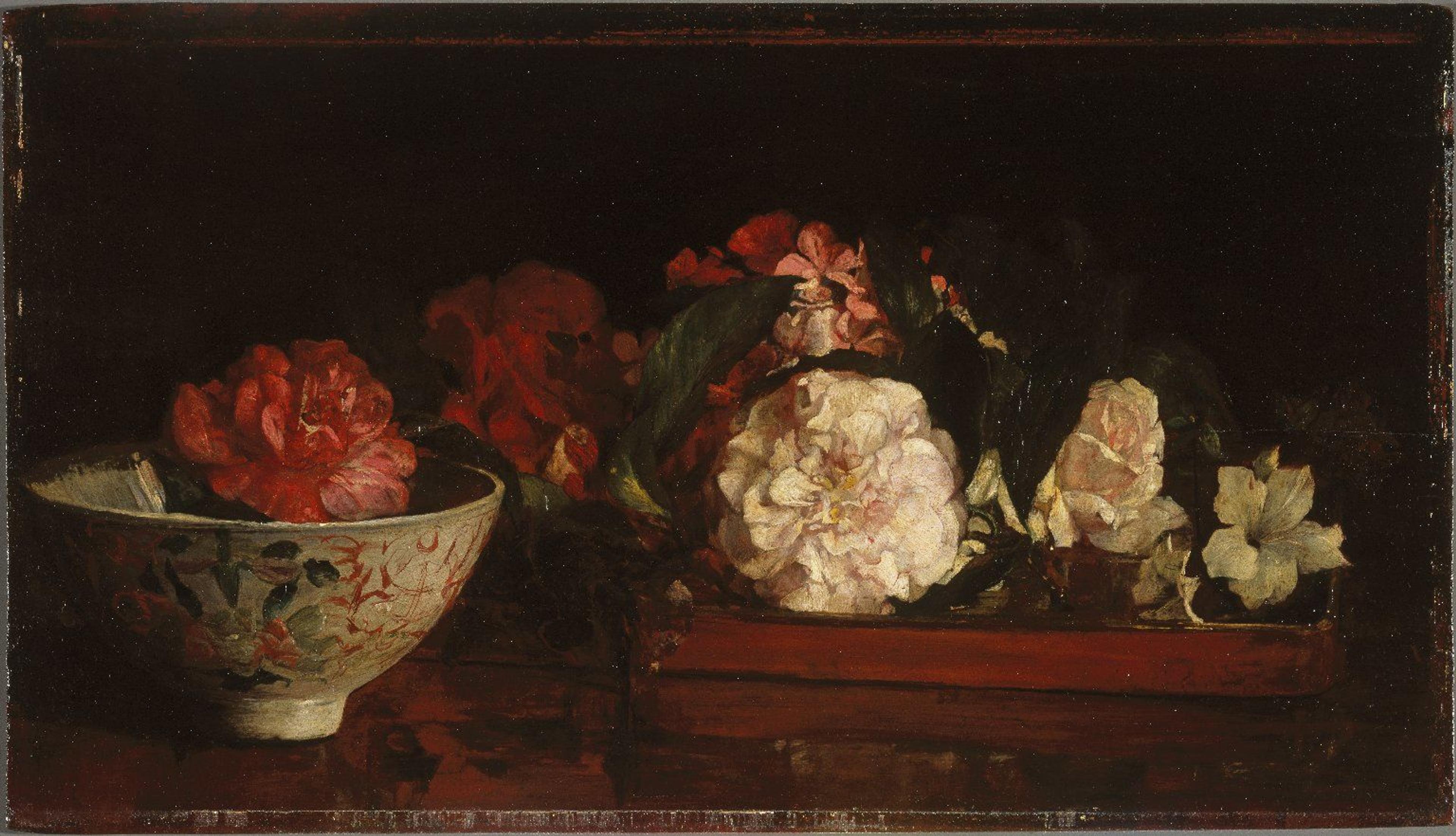 John La Farge (American, 1835–1910). Flowers on a Japanese Tray on a Mahogany Table, 1879. Oil on panel, 103/8 x 181/16 in. (26.3 x 45.8 cm). Brooklyn Museum, Bequest of Christiana C. Burnett, great-niece of the artist, 2001.47.1. (Photo: Brooklyn Museum)