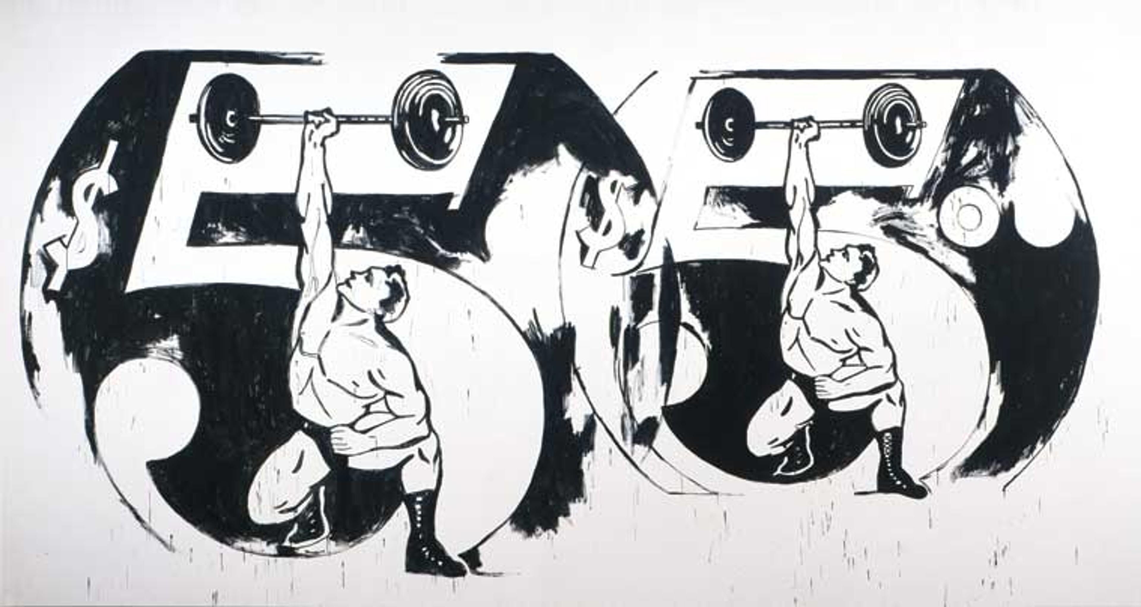 Andy Warhol (American, 1928–1987). Double $5/Weightlifter, 1985–86. Acrylic on linen, 116 × 2161⁄2 in. (294.6 × 549.9 cm). The Andy Warhol Museum, Pittsburgh; Founding Collection, Contribution The Andy Warhol Foundation for the Visual Arts, Inc. © 2010 The Andy Warhol Foundation for the Visual Arts/Artists Rights Society (ARS), New York