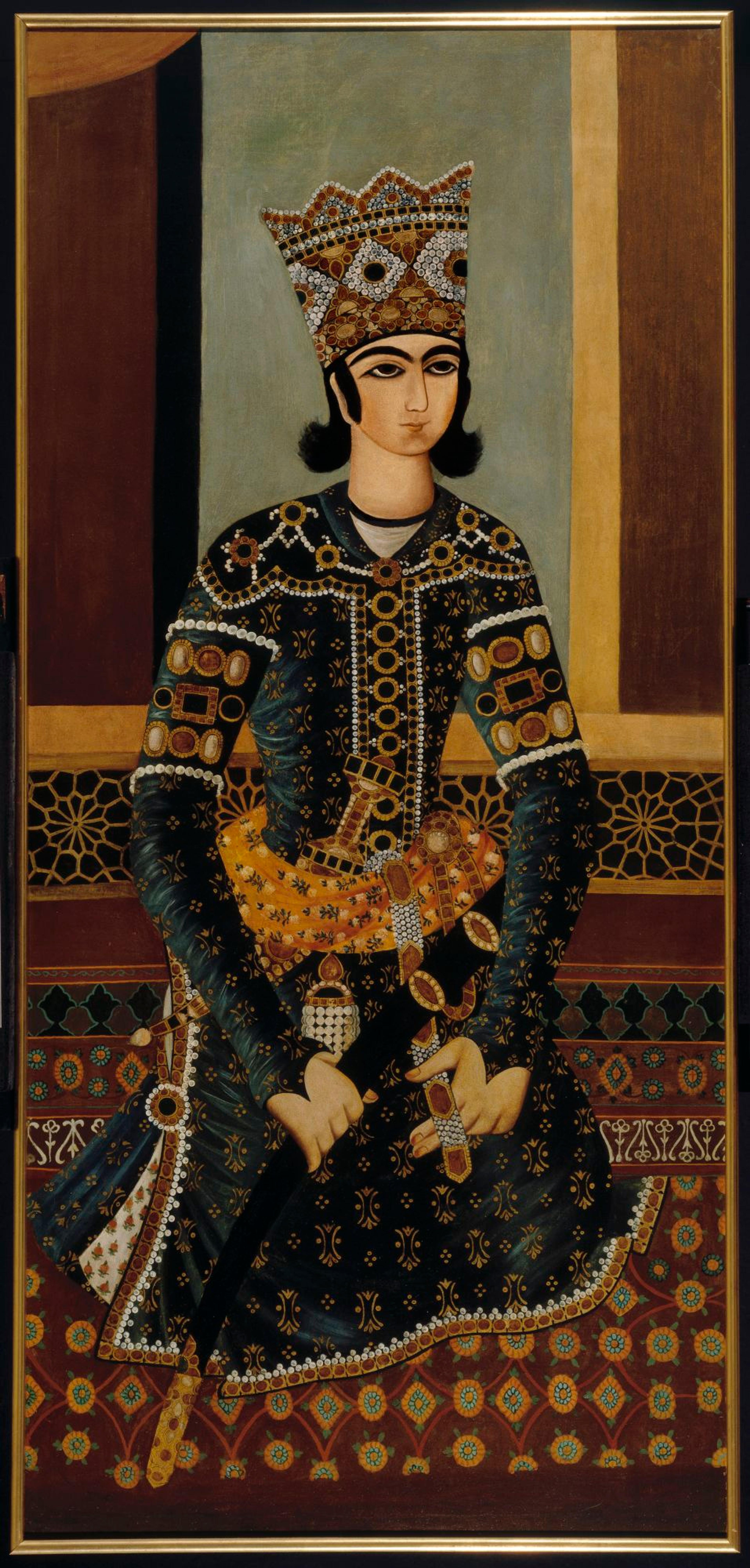 Seated Prince, Iran, Qajar period, circa 1825. Oil on canvas, 62 × 29 in. (157.5 × 73.7 cm). Brooklyn Museum, Gift of Mr. and Mrs. Charles K. Wilkinson, 70.62.2. (Photo: Brooklyn Museum)