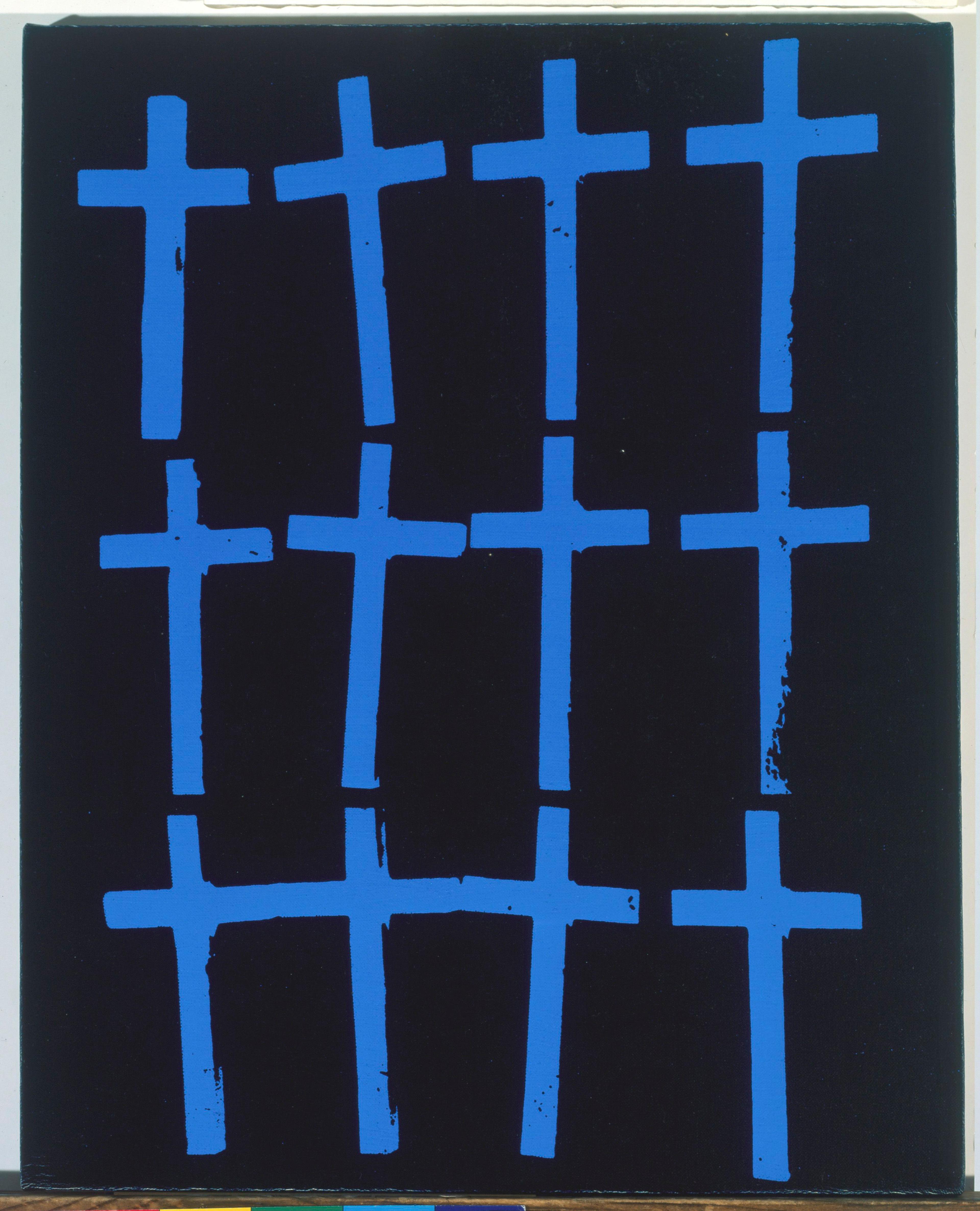 Andy Warhol (American, 1928–1987). <i>Crosses</i>, 1981–82. Acrylic and screenprint on linen, 20 × 16 in. (50.8 × 40.6 cm). The Andy Warhol Museum, Pittsburgh; Founding Collection, Contribution The Andy Warhol Foundation for the Visual Arts, Inc.,1998.1.264. © 2021 The Andy Warhol Foundation for the Visual Arts, Inc. / Licensed by Artists Rights Society (ARS), New York