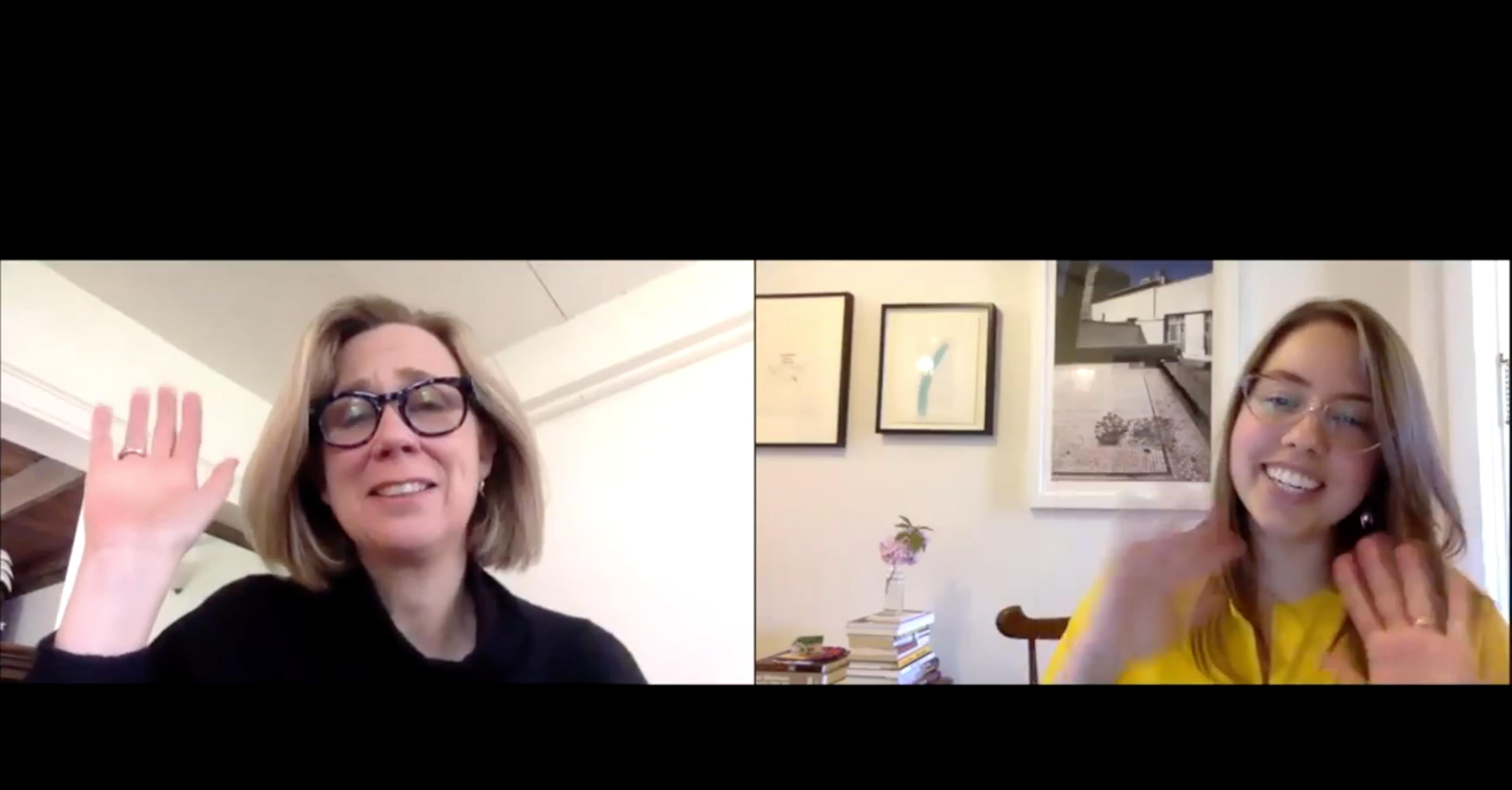 Screengrab of a virtual program features a splitscreen of two curators smiling and waving at the camera with caption that reads "Bye! Thank you, Brooklyn!"