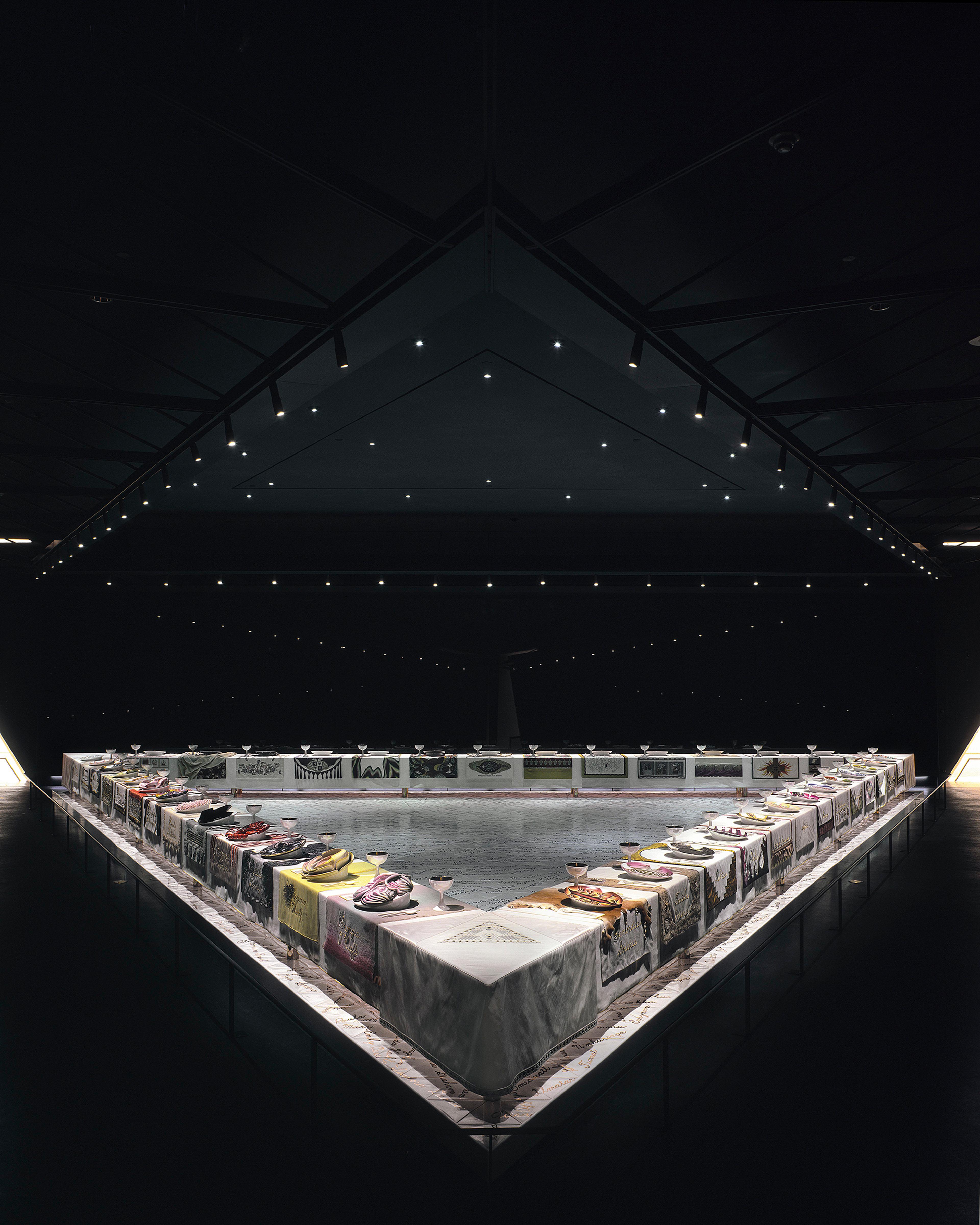 Judy Chicago (American, born 1939). The Dinner Party, 1974‒79. Ceramic, porcelain, textile, 576 x 576 in. (1463 x 1463 cm). Brooklyn Museum, Gift of the Elizabeth A. Sackler Foundation, 2002.10. © 2017 Judy Chicago / Artists Rights Society (ARS), New York. (Photo © Donald Woodman)